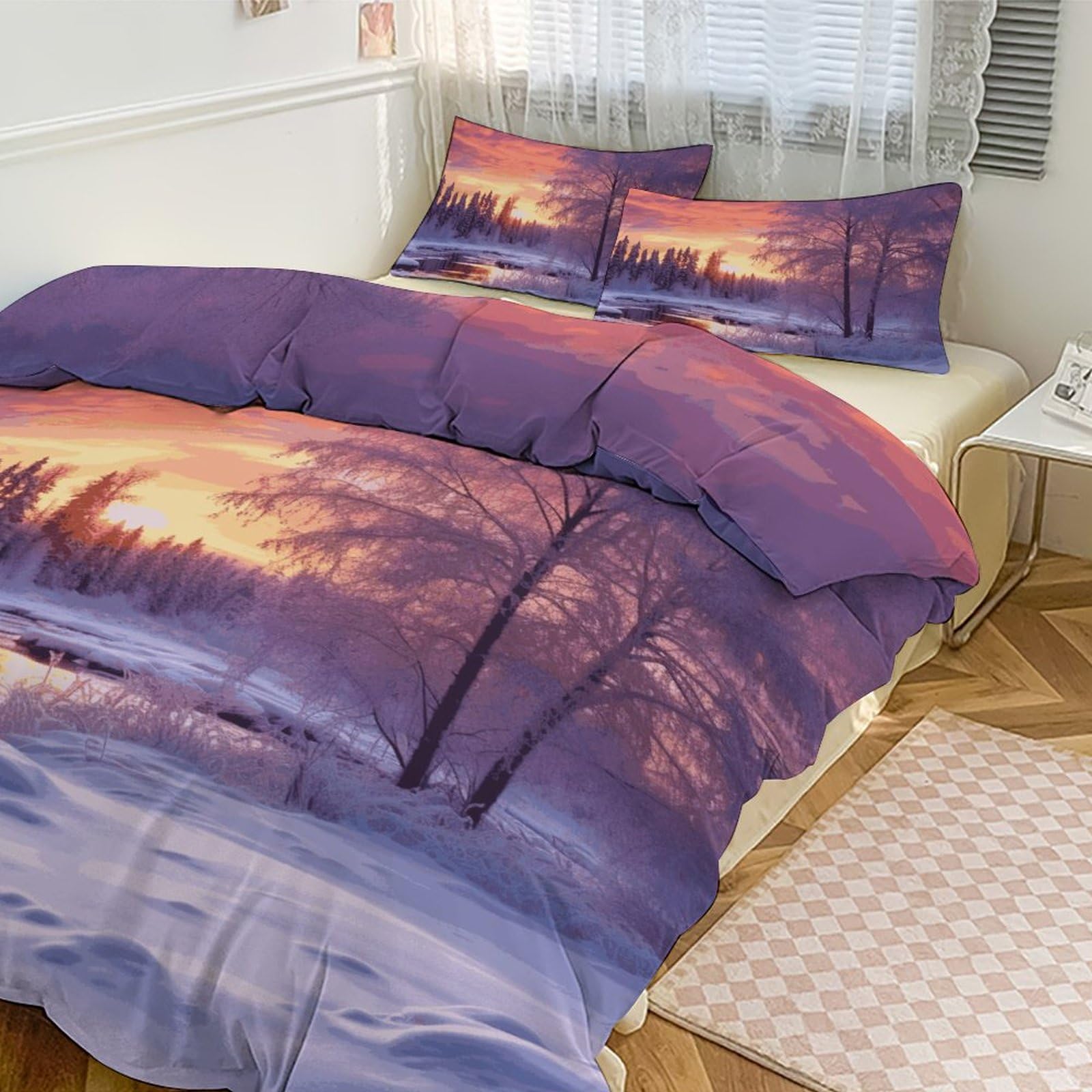 Couvre-lit et taie d'oreiller paysage d'hiver parure de lit 3 pièces chaude grand lit