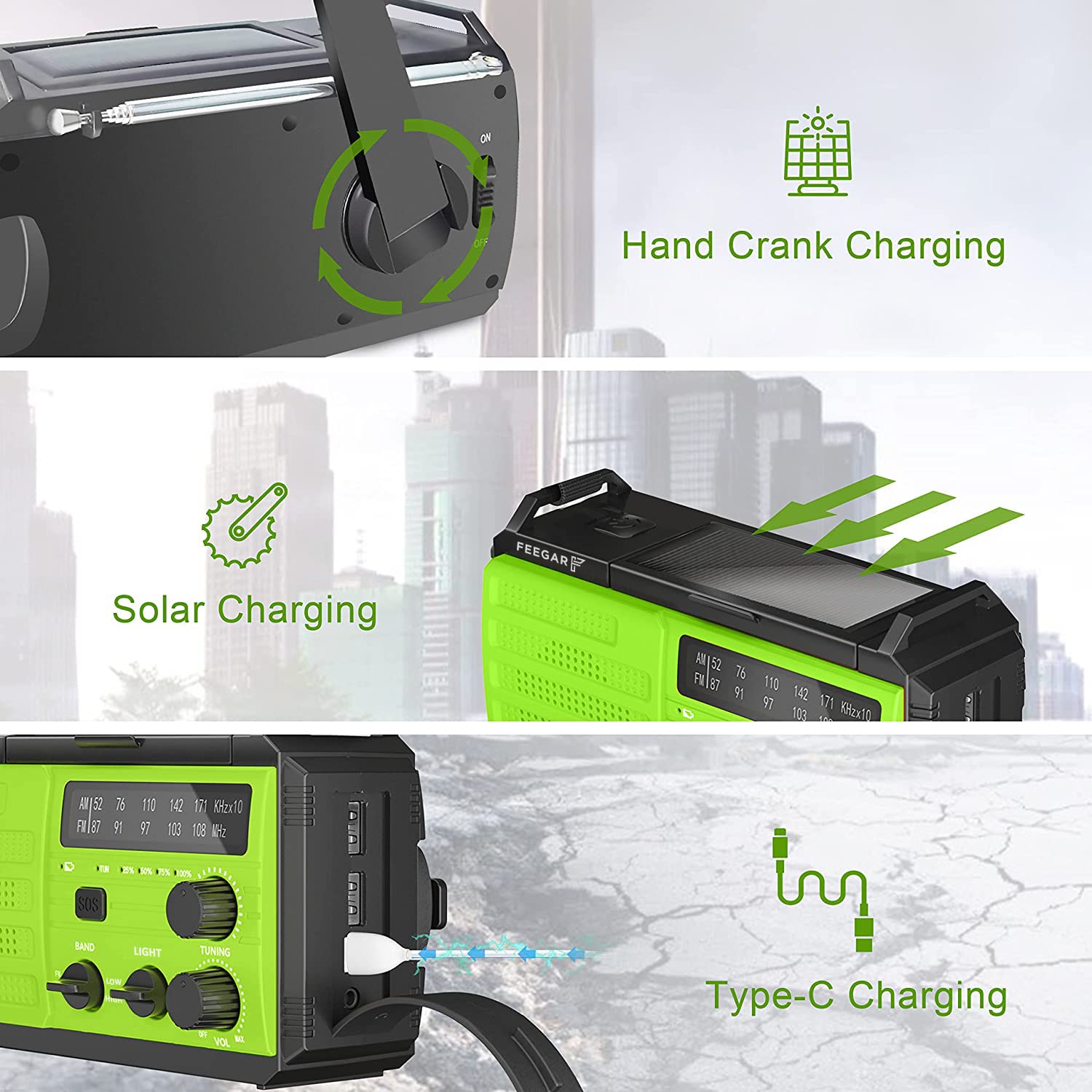 Feegar Oze 3 Pro Tragbar Solar Kurbelradio Notfall Handkurbel Wetter Radio mit AM/FM, 8000mAh Hand kurbel Notfall Radio Taschenlampen Bewegungssensor Leseleuchte USB Handy-Lader, SOS-Alarm Camping