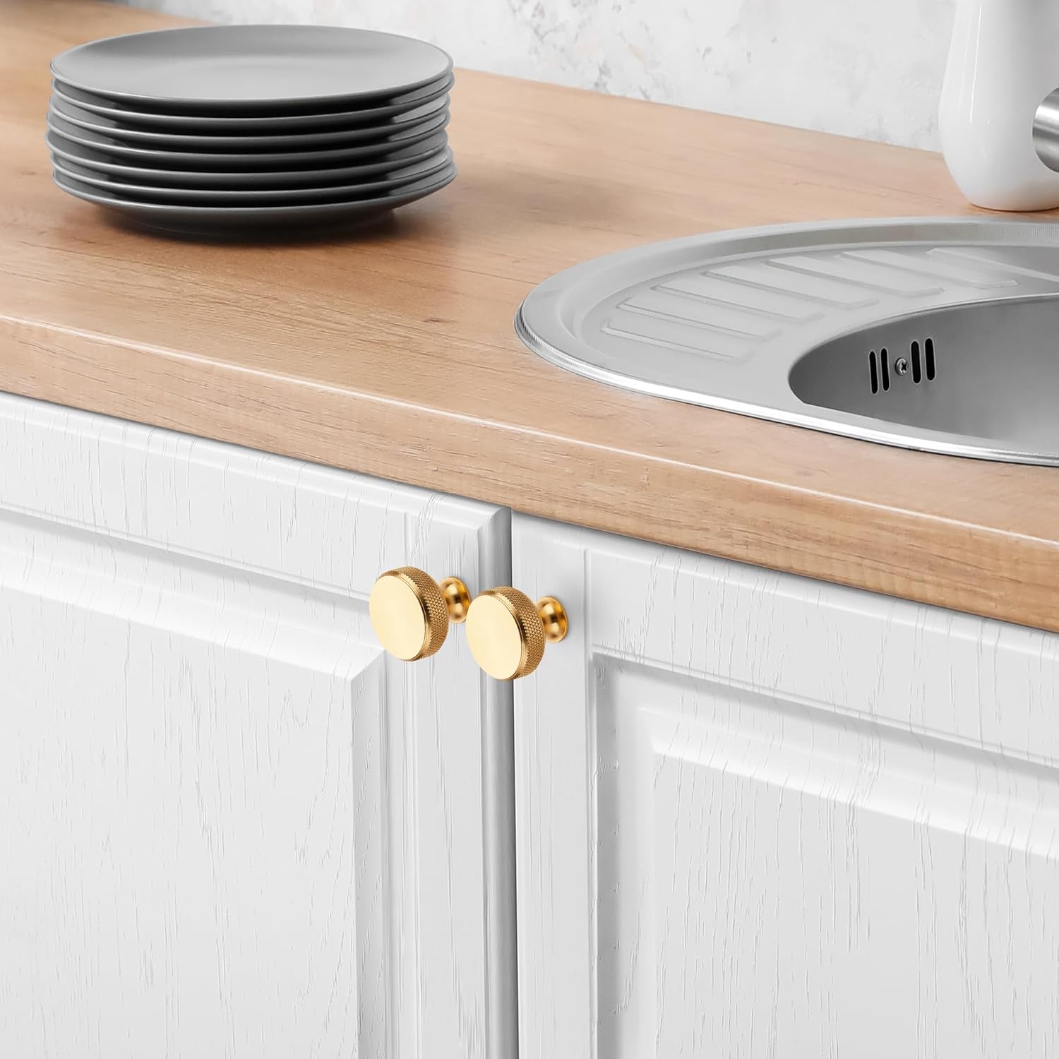 JOY DECOR 25 Pack Brushed Brass Kitchen Cabinet Hardware Knobs Round Solid Knurled Handles Single Hole Drawer Knobs for Cabinet Furniture Champagne Gold Dresser Pulls