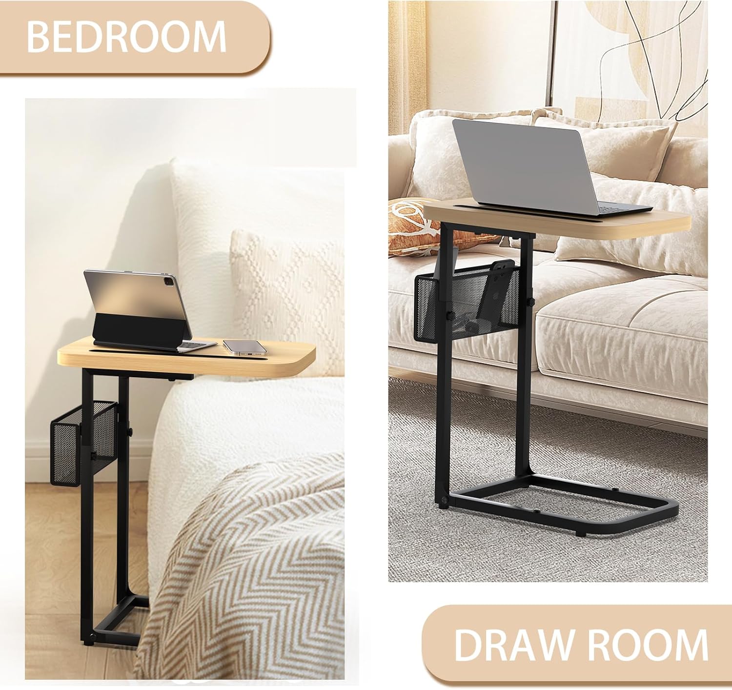 Fashion TV Tray Table with Large Tabletop, Adjustable Sofa Table with Storage Baskets, Strong Metal Frame, Tv Dinner Tray Table for TV Watching, Meals, Snacks (Square, Beige, 16.93inch x 12.6inch)