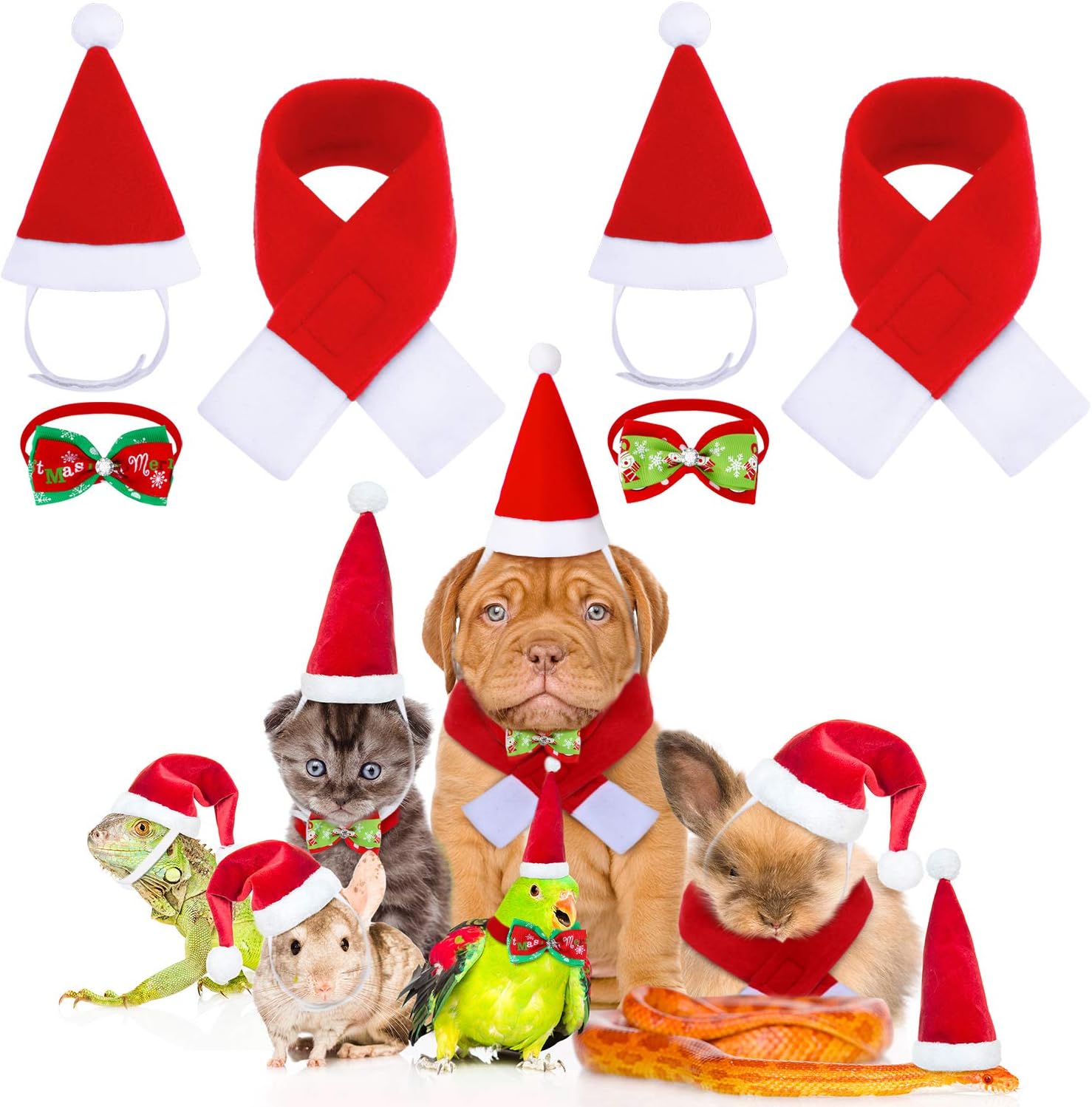 Frienda 6 Pieces Pet Santa Hat Christmas Costumes Dog Cat Scarf Collar Bow Tie for Cats Dogs Pets Christmas New Year