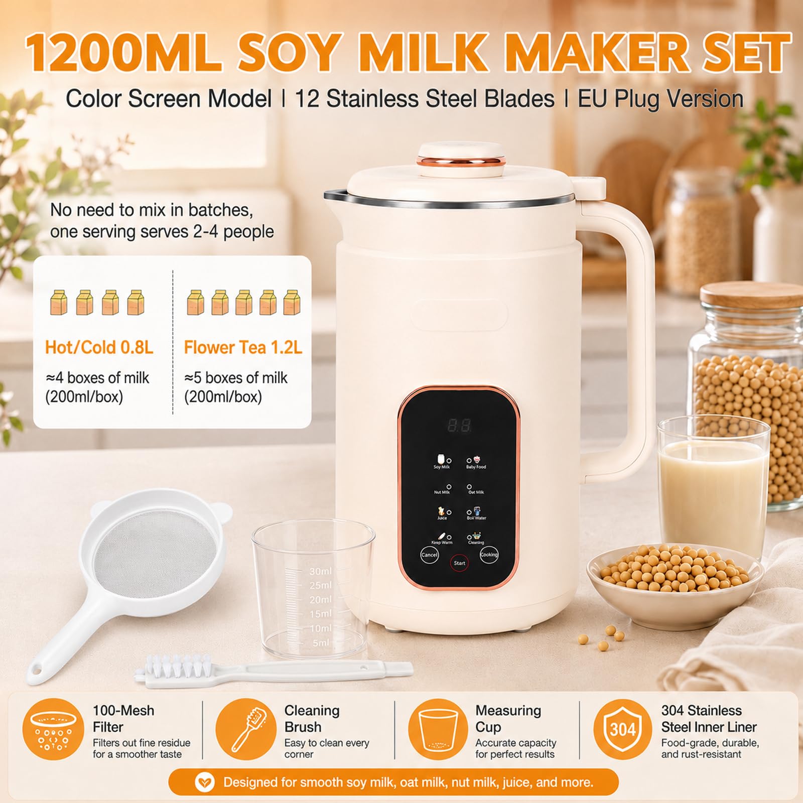 Maszyna do mleka orzechowego 1200 ml, urządzenie do przygotowania mleka roślinnego z 8 programami | stal nierdzewna 304, 12 ostrzy, timer 24 h, utrzymywanie ciepła, samoczyszczenie, cicha praca, panel dotykowy