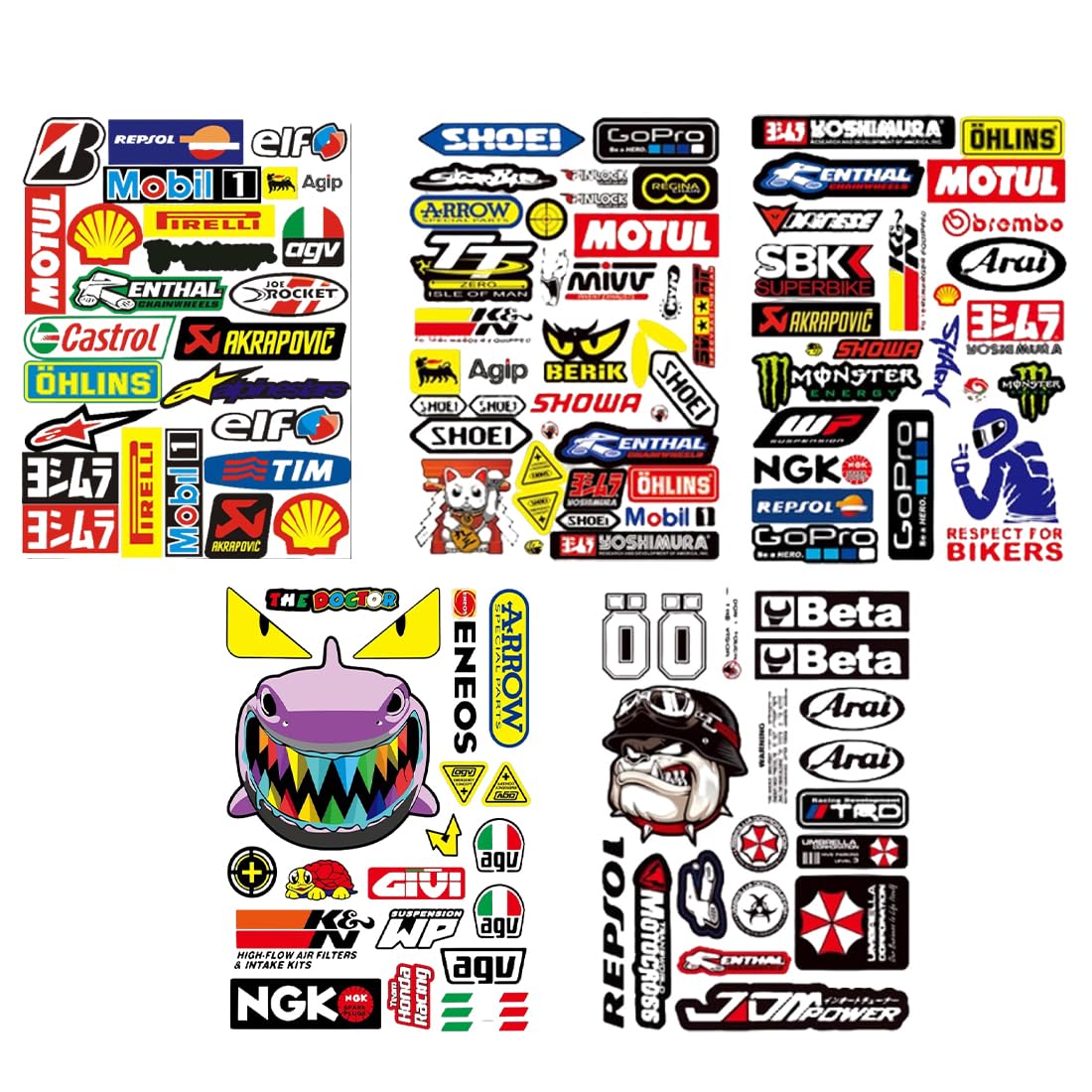 PBAHAUP Pegatinas para Moto, 5 Hojas de Calcomanías de Vinilo Impermeables para Casco y Motocicleta, Diseños Racing y MTB para Personalización de Vehículos y Cascos