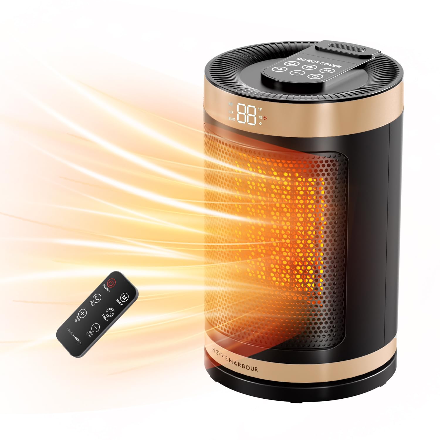 Home Harbour Cozy Heat 1500W Electric Space Heater, Portable Ceramic Fan Heater, Energy Efficient, 3 Modes, LED Display, 12H Timer, Overheat & Tip-Over Protection, 15°C-45°C, Gold for Home/Office