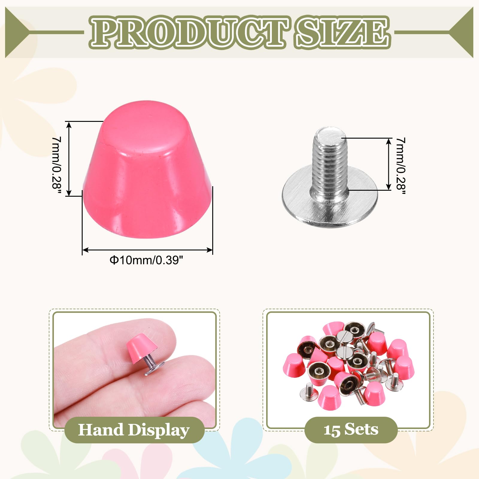 PATIKIL 10mm Screw Back Rivets Stud, 15 Sets Purse Handbag Feet Round Flat Nailhead Flat Head Stud Rivet Spike Leathercraft for DIY Leather Luggage Collar Belt Shoes, Pink - Image 2