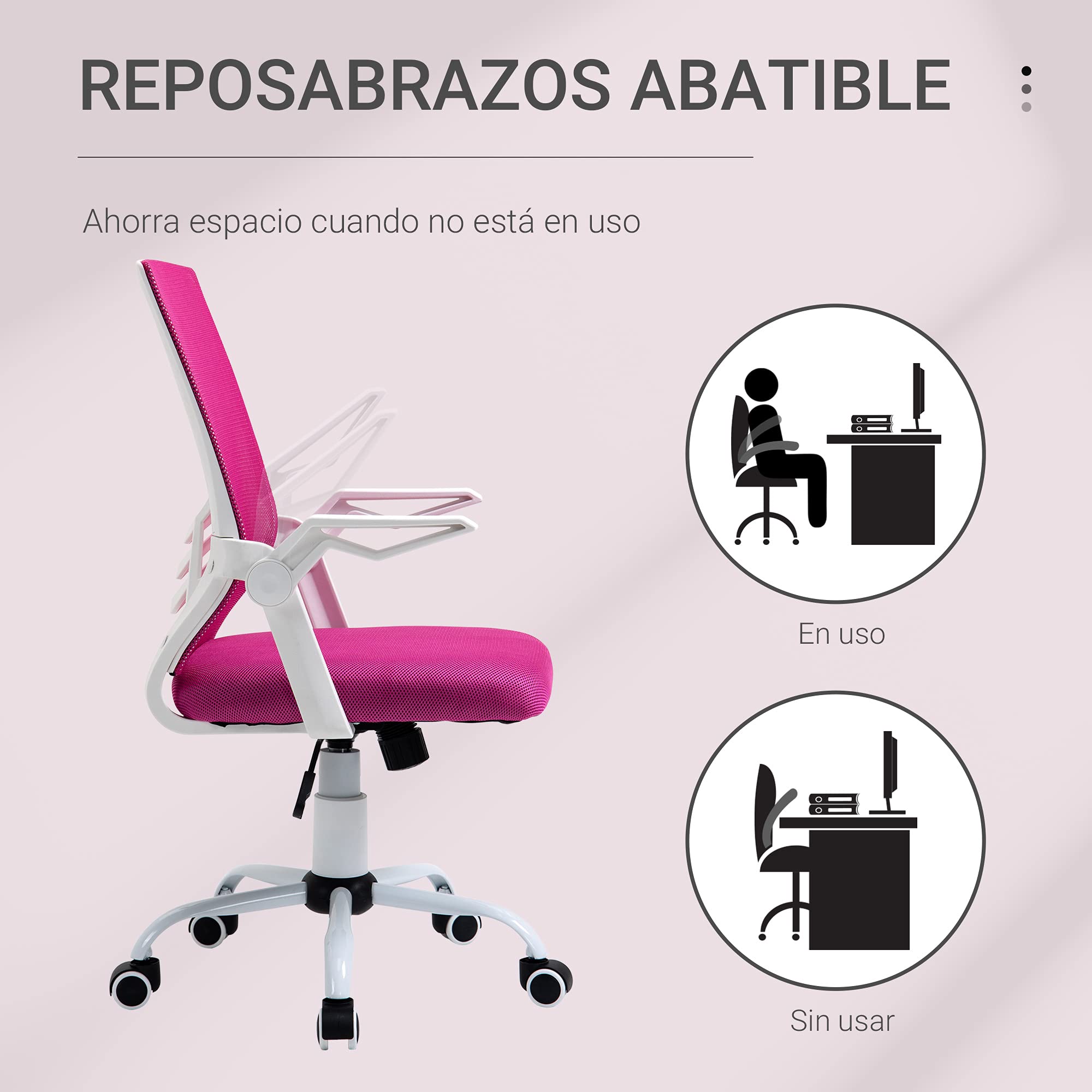 Vinsetto Silla de Oficina Ergonómica Giratoria 62,5x55x94-104 cm Rosa | Silla Escritorio, Altura Ajustable, Reposabrazos Abatible, Soporte Lumbar Transpirable, para Adolescentes Adultos