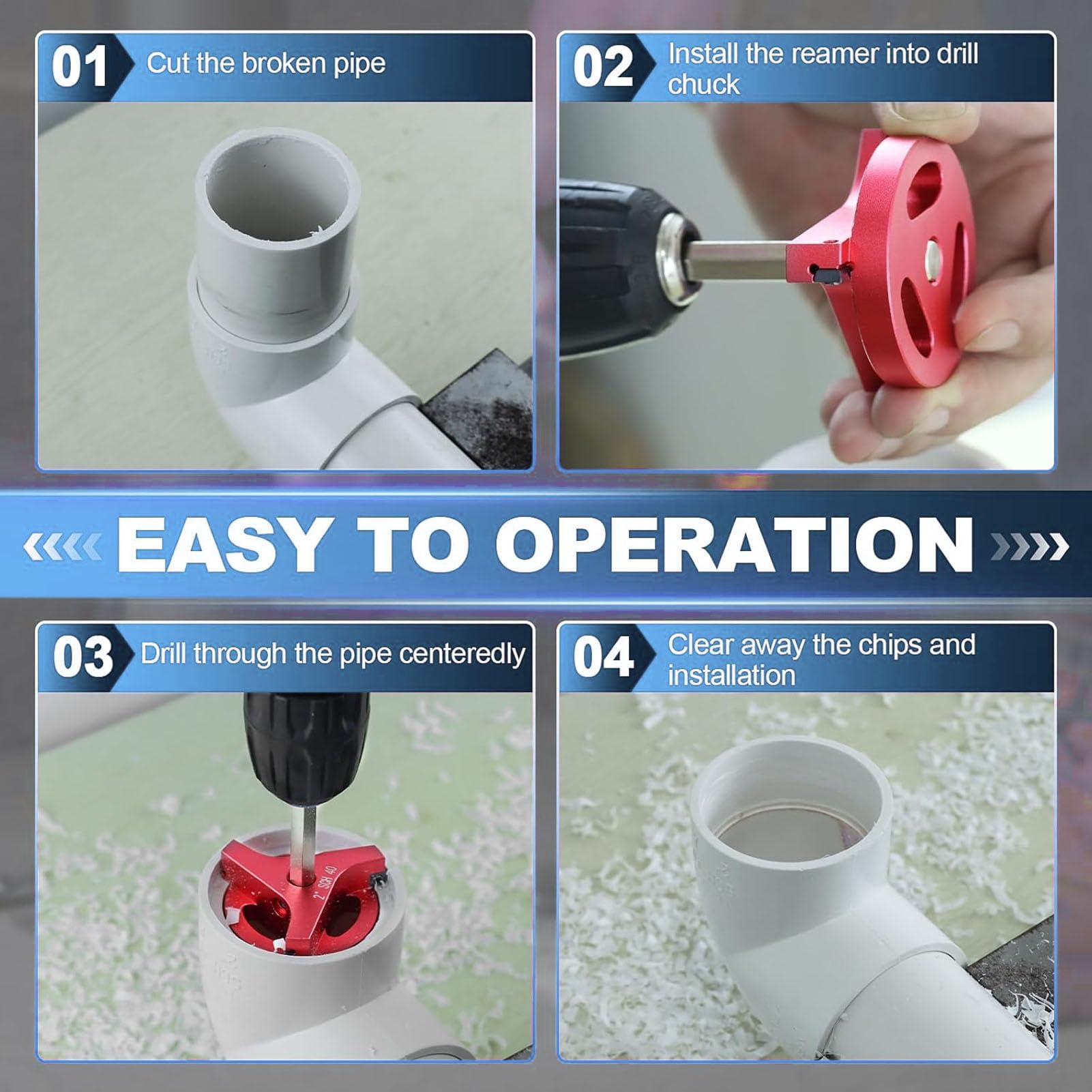 4 PCS PVC Pipe RAMER Kit avec 3 Inserts en Carbure carré, Alésoir à Trois Côtés à Triple carré pour 1-1/2 2 2 4 Pouces SCH40 PVC CPVC ABS Pipe de Tuyau D'économiseur