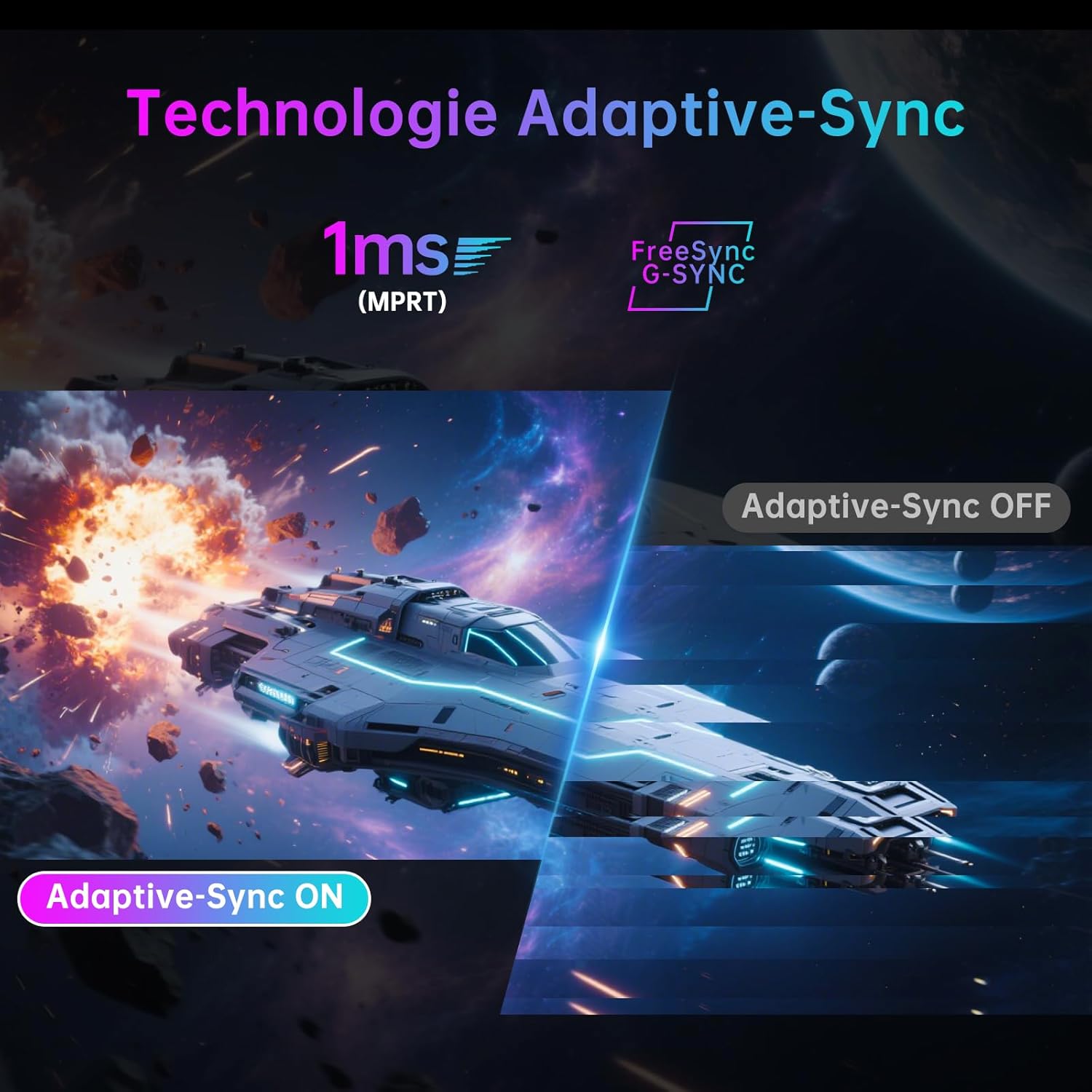 Comparison of Adaptive Sync ON vs OFF on KTC H27P6 monitor, showing smoother image with Adaptive Sync