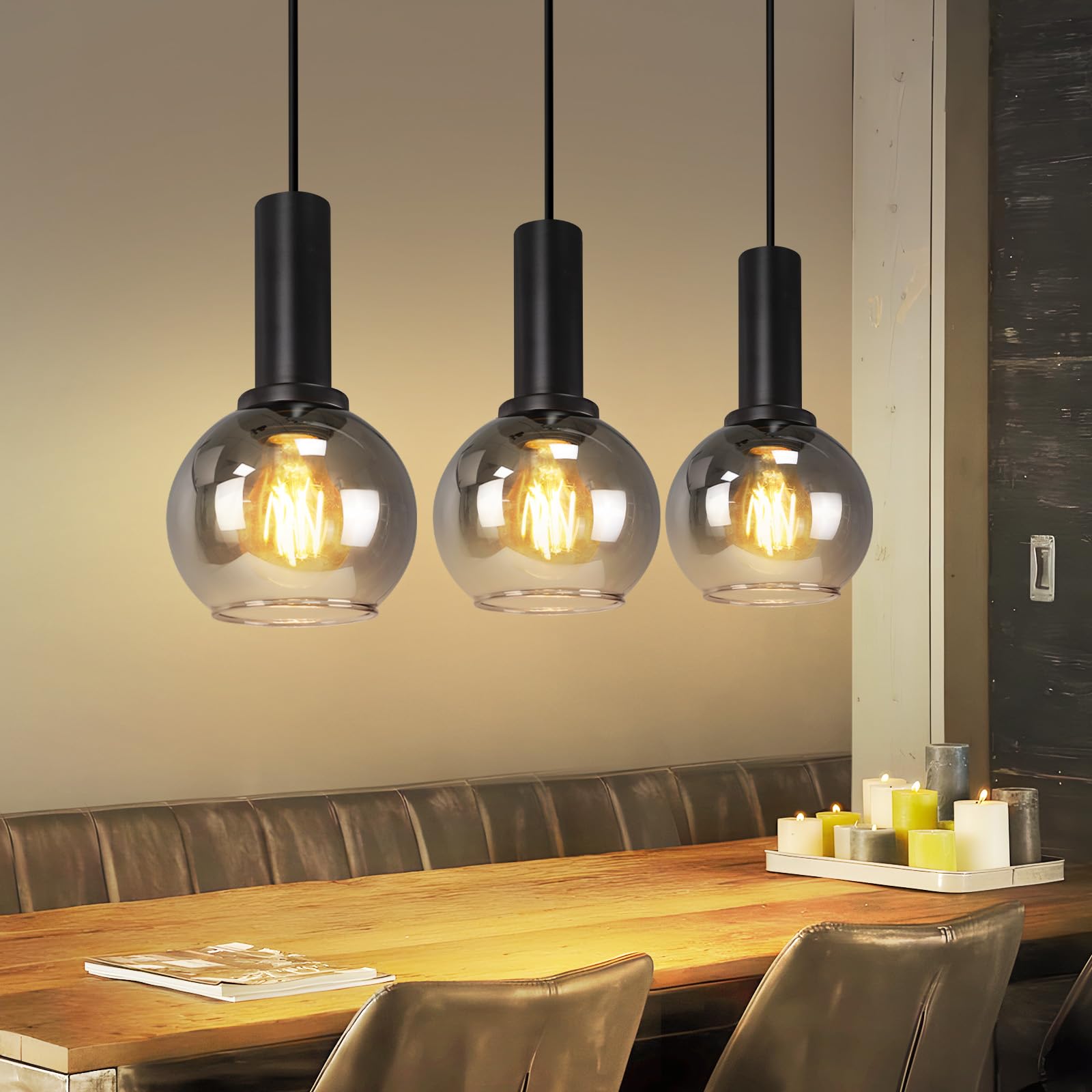 CBJKTX Pendelleuchte Esstisch Hängelampe Vintage- 3 Flammig Hängeleuchte Glas E27 Pendellampe Esstischlampe Höhenverstellbar Industrial Esszimmerlampe für Schlafzimmer Büro (ohne Leuchtmittel)