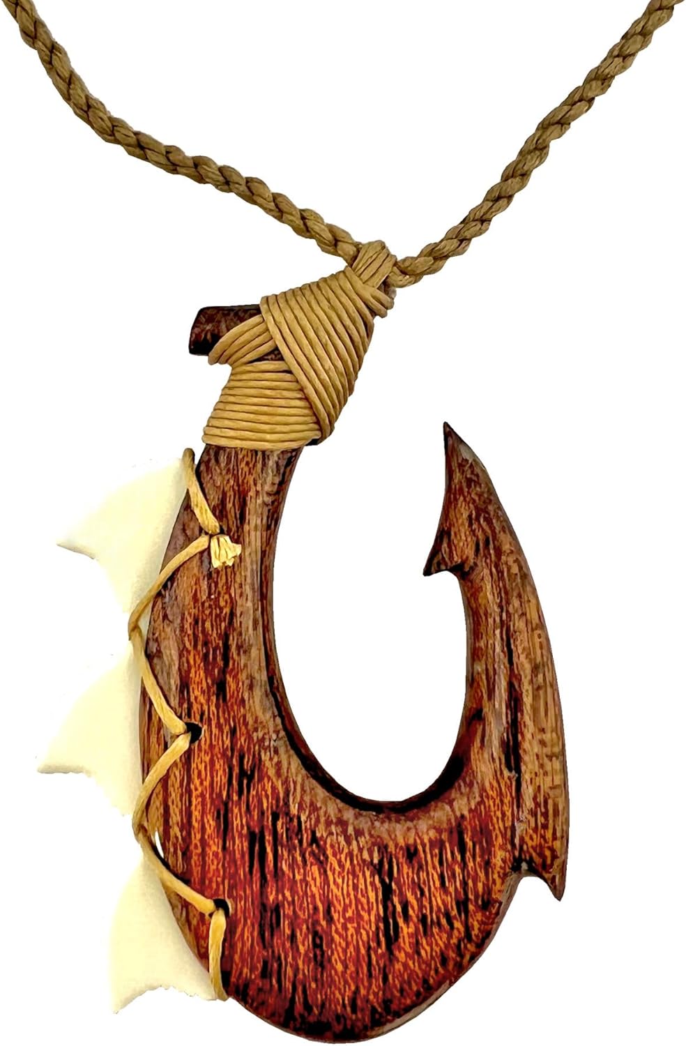 Hawaiian Koa Wood Shark Tooth Fish Hook Necklace - Image 2