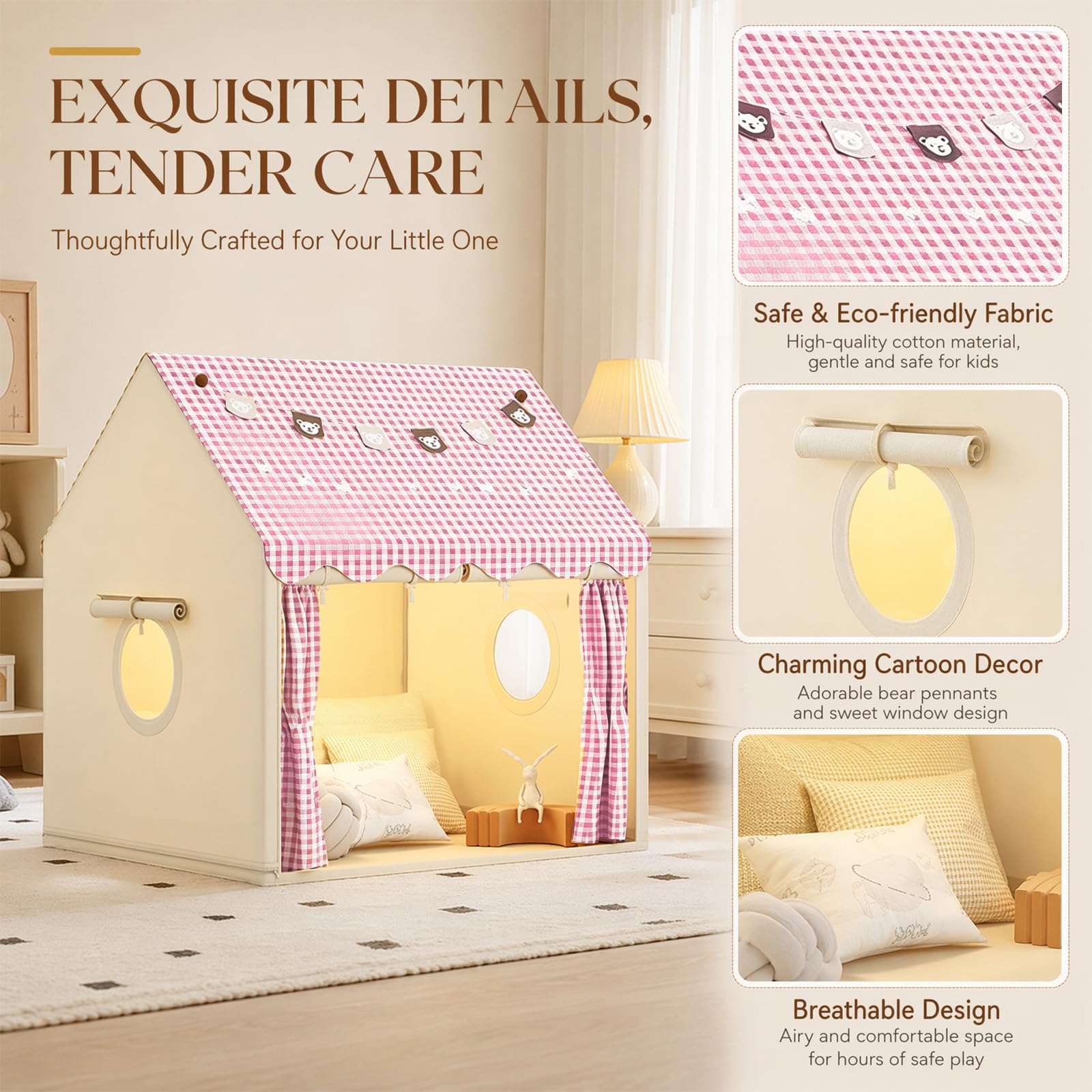 MeYuxg Kinderzelt Indoor,Prinzessin Zelt mit Fenstern und Kleine Bär Bunte Fahnen,120×105×128cm Innenbettzelt für Kleinkinder,Spielzelt für drinnen,Kinder Spielhaus für Jungen und Mädchen