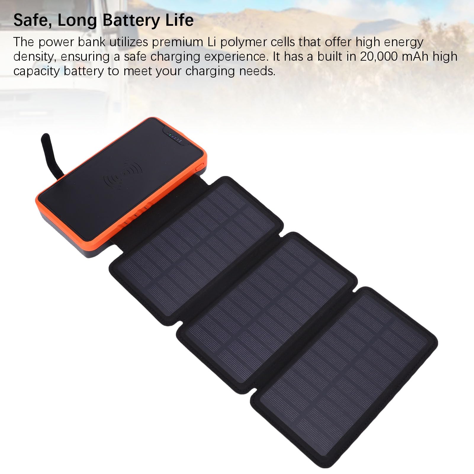 20000-mAh-Solar-Powerbank, Effiziente Kabellose Powerbank mit Dreifachem Solarpanel, LED-Licht und Doppeltem USB-Ausgang, Wasserdichter Externer Akku für Telefon-Tablet (ORANGE)