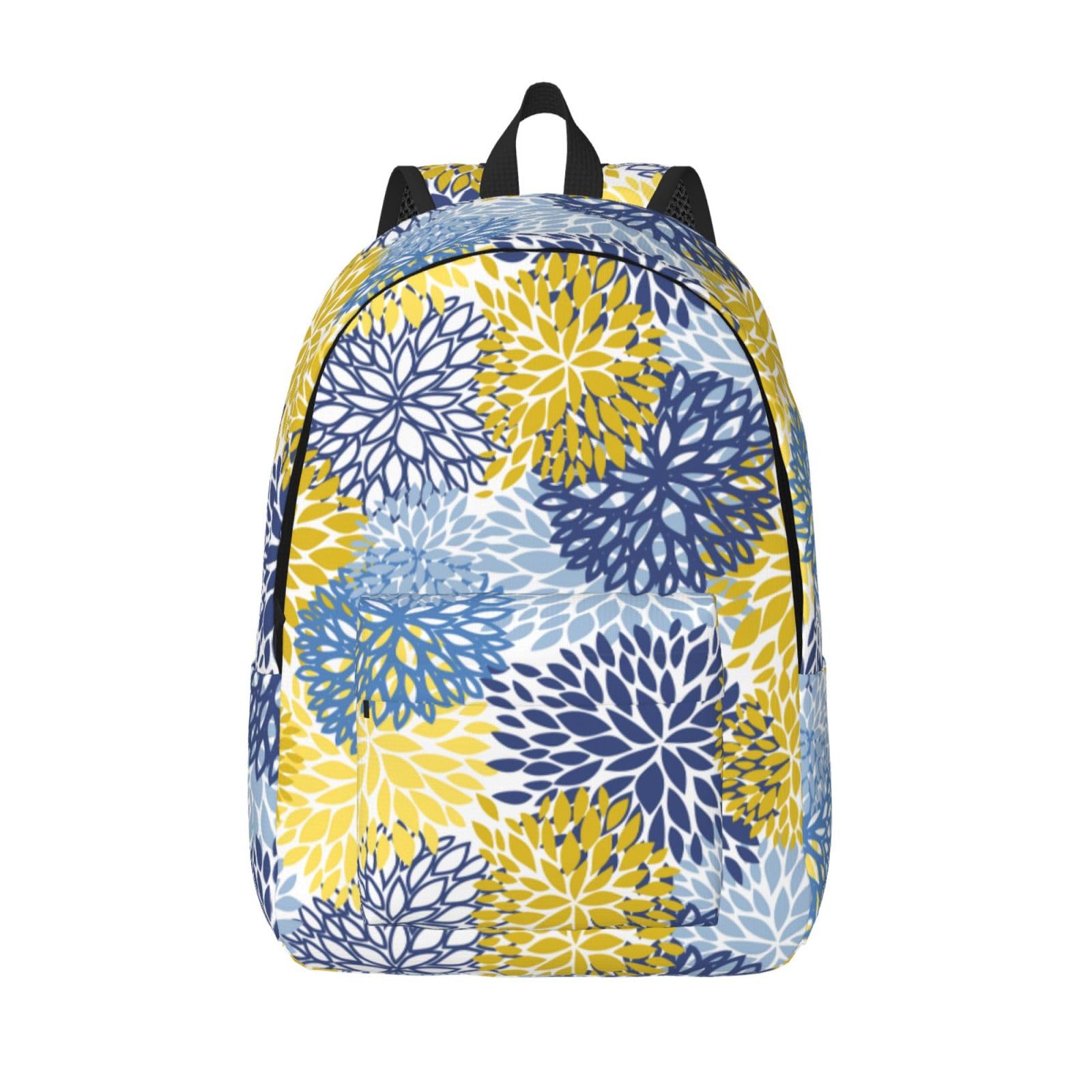 Duduho Blue Yellow And Navy Chrysanthemum Flowers Backpack 17.7 Inch Laptop Backpack Travel Hiking Daypack Daisy Floral Multipurpose Bookbag For Men