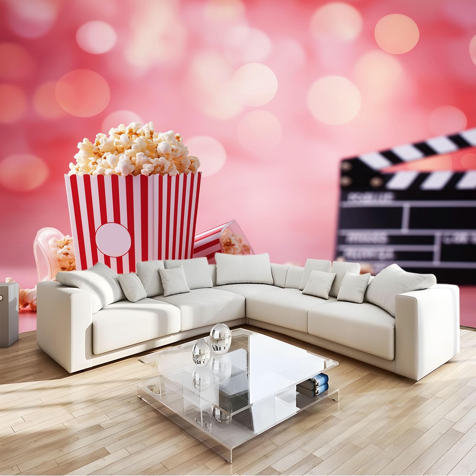 Różowa tapeta w stylu kinowym 350 x 256 cm, tapeta z włókniny retro popcorn do salonu sypialnia przedpokój tło telewizora - łatwa instalacja nowoczesna dekoracja ścienna
