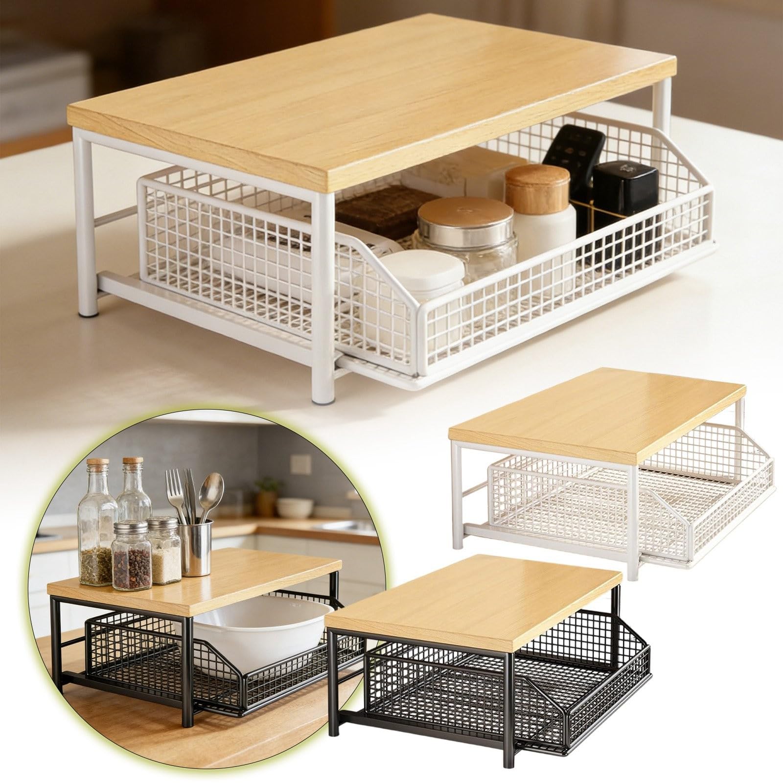 Organizzatore da bancone da cucina con cassetto e cestino | Mensola a 2 livelli per caffettiera, microonde, tostapane e spezie | Soluzione salvaspazio per bancone, dispensa (bianco)