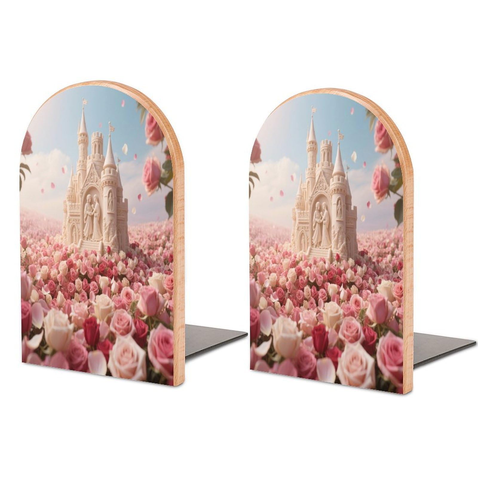 Rose Flower Sea with Castle Bookend Modern Non-Skid Bookends Heavy Duty Wooden Book Stopper Support for Heavy Books Book Organizer for Home Office Supplies