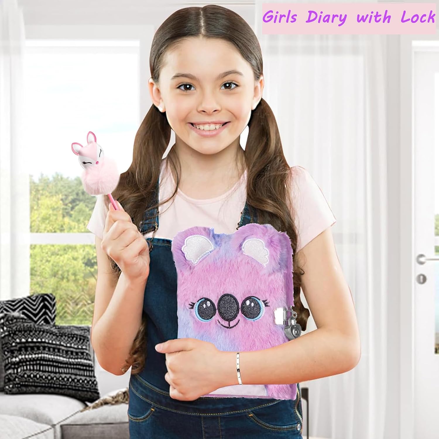 Girls Diary with Lock,Journal for Kids with Bookmarks Sticky Notes Pom Pom Pen Notebook for Writing and Drawing 160 Lined Pages Diary for Girls ages 6-8 - Image 2