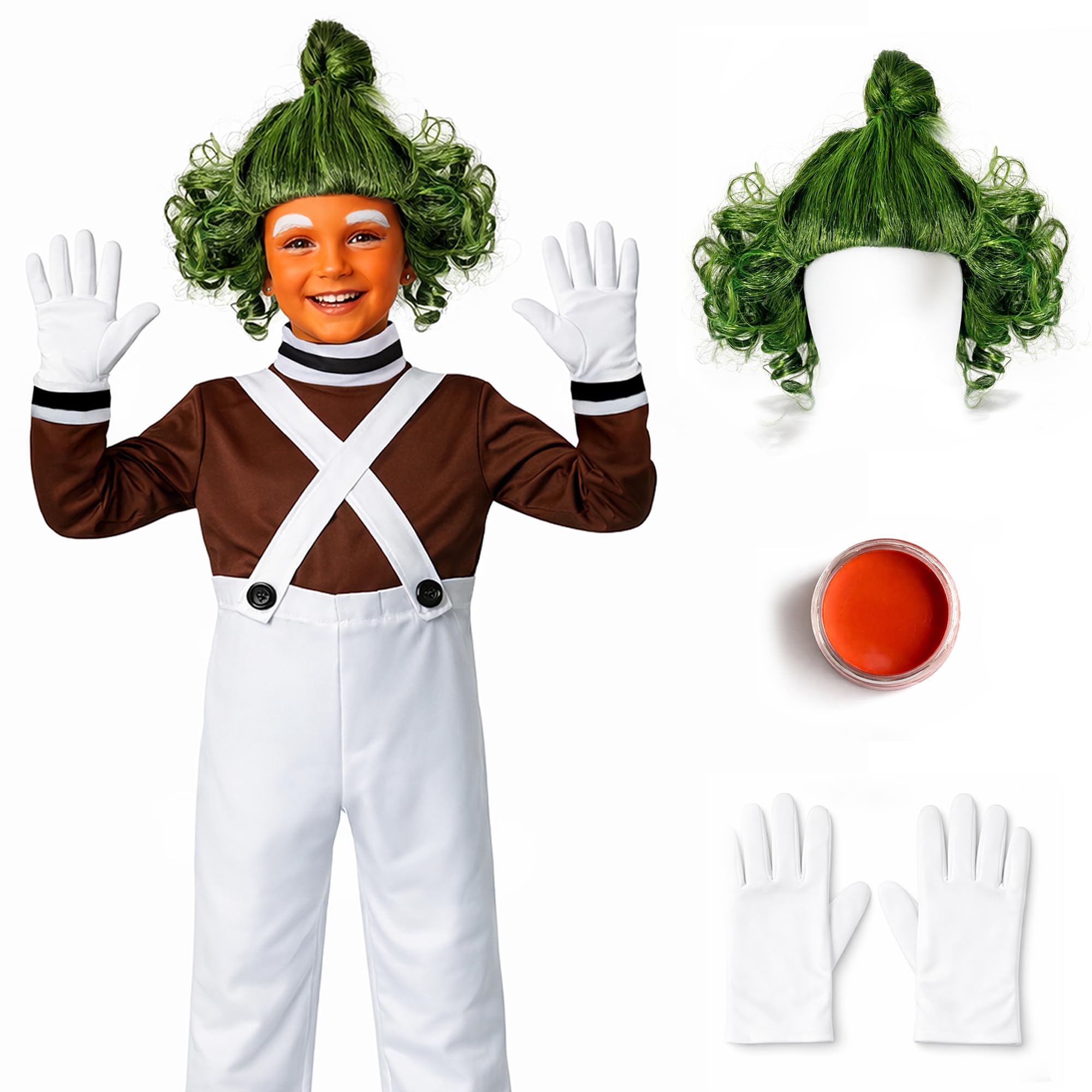 Childrens Kids Factory Worker Complete 5 Piece Set Fancy Dress Costume includes Top, Dungarees, Green Wig - Image 2