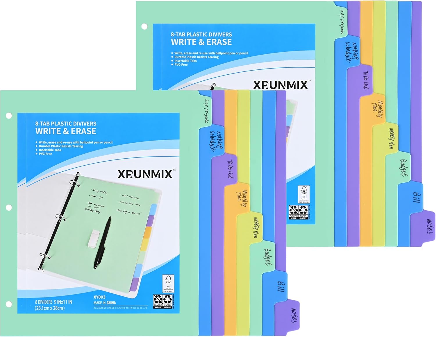 8-Tab Binder-Dividers with Tabs, Write & Erase Divider Tabs for 3 Ring Binders with 3 Holes 8 Pastel Colors, 16pcs, (8 Tabs-2 Pack)