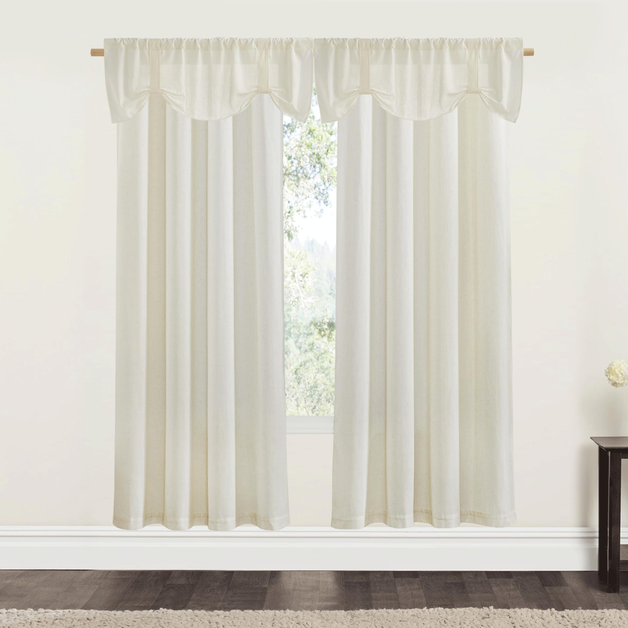 NICETOWN 2 Panels Grommet 42" x 72" Linen Curtains with 2 Adjustable 52" x 18" Linen Kitchen Valances, Off White