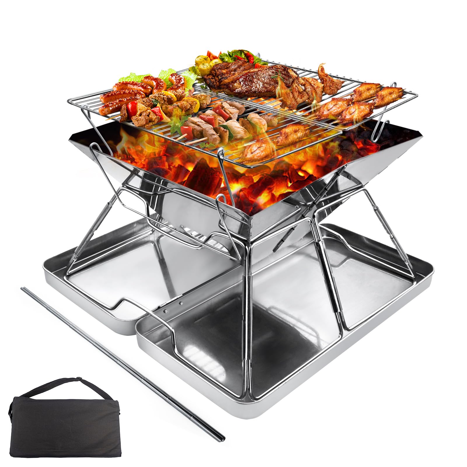 Portable Fire Pit for Camping: Collapsible Stainless Steel Grill with iron Carry box, BBQ Camping stove for Picnics, Barbecue, Bonfire, Patio, Backyard, Garden Outdoor-image-31