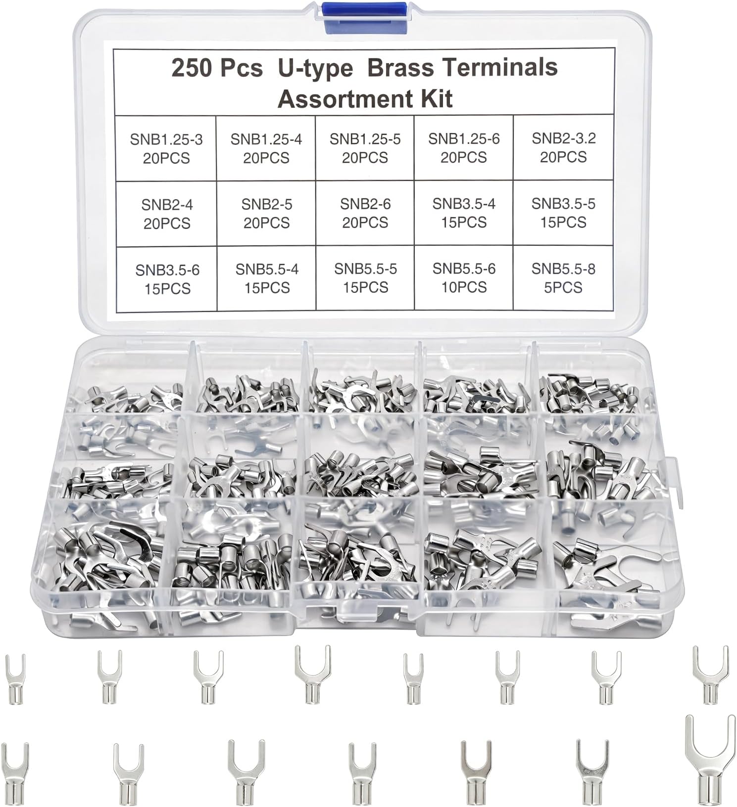 250 Pcs Fork Spade Terminal Connectors, Copper U-Type Cable Lugs Terminals, Electrical Wire Connectors, Wire Terminal Crimp Connectors, Non-Insulated Barrel Wire Cable Lugs (U)
