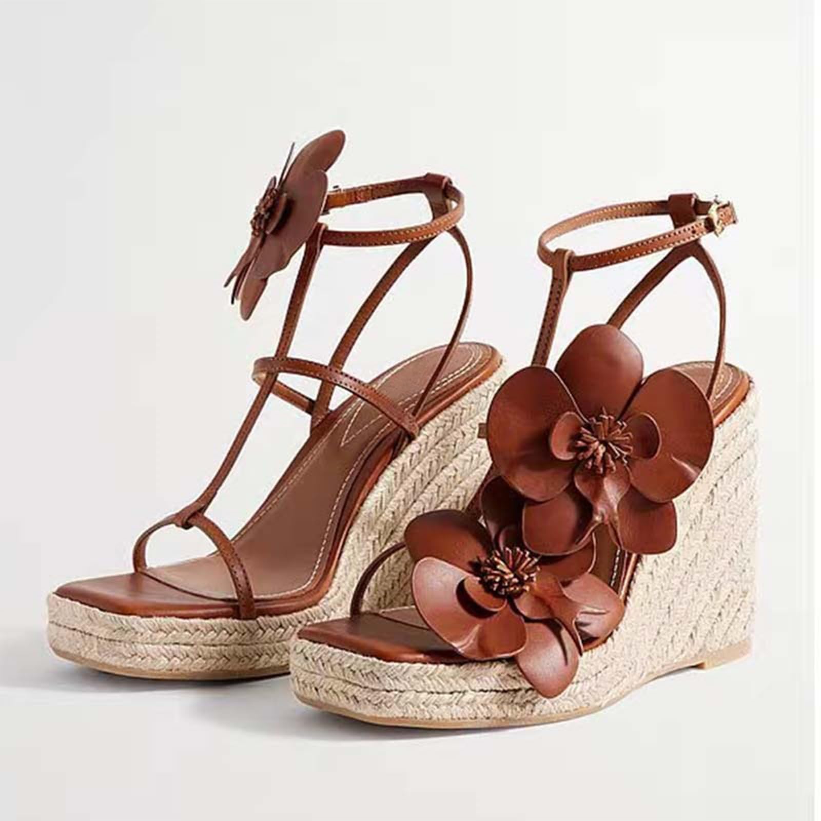 Sandalias de esparto con cuña mujer decoración floral tirante en T hebilla tobillo ajustable plataforma suela gruesa estilo boho playa vacaciones fiesta