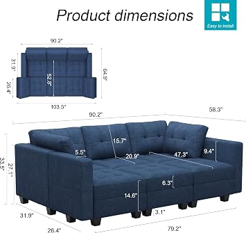Belffin Modular Sectional Sofa with Storage Sectional Sleeper Couch Modular Sofa Bed for Living Room Blue