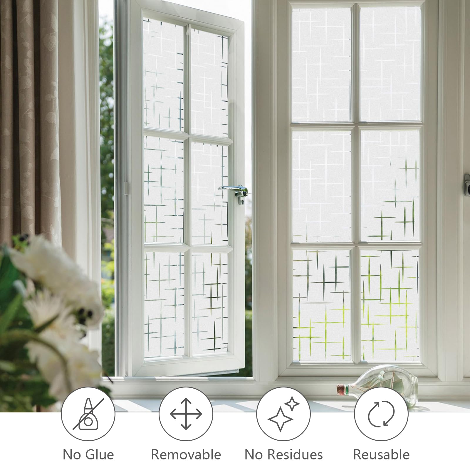 NINETREX Film électrostatique dépoli pour fenêtre - Non adhésif - Amovible - Pour la maison et le bureau - Motif croix, 75 x 200 cm