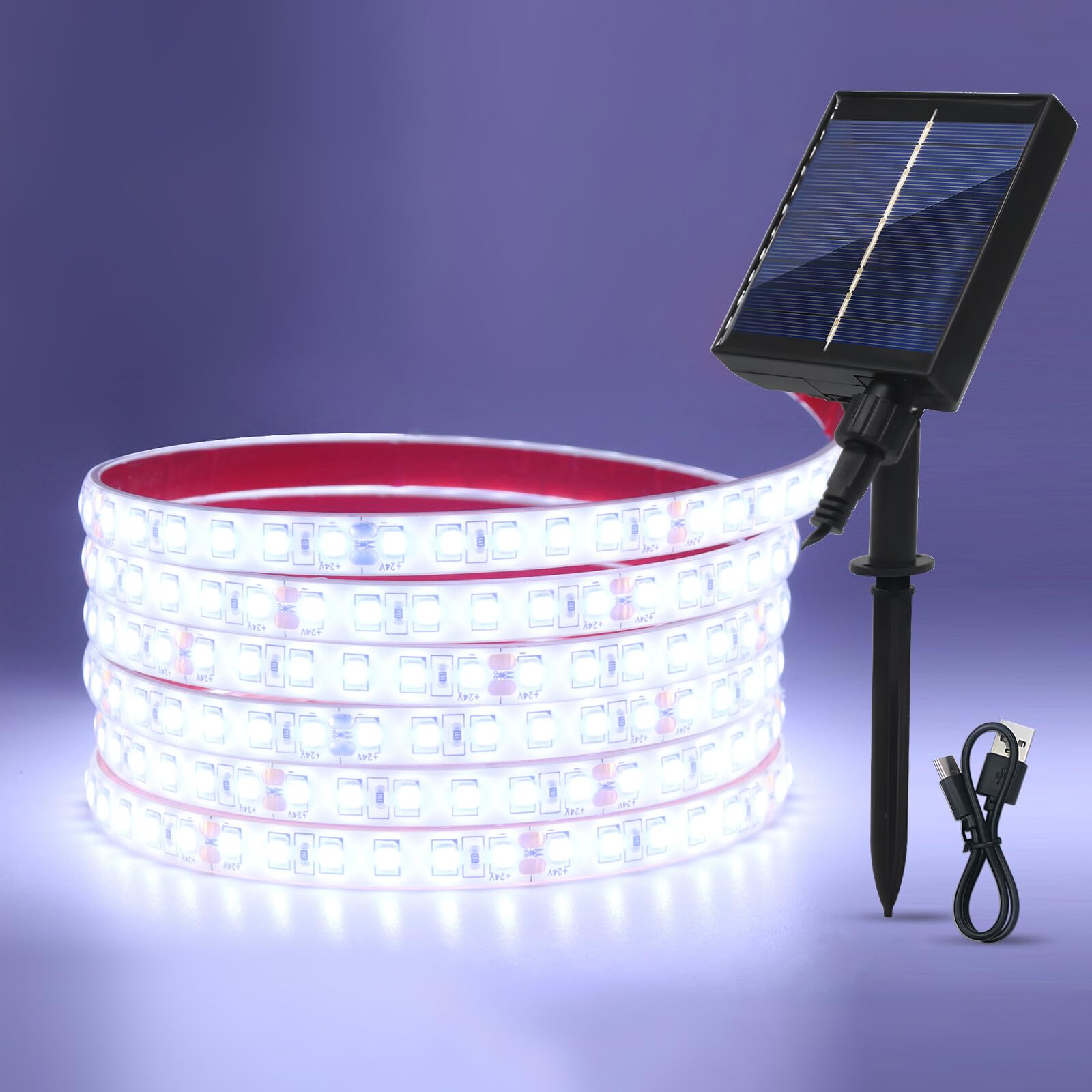 GQL 24V Solar/USB LED Strip Lights - IP68 Waterproof 2835 SMD 120LEDs/m, 8-Mode Controller for Indoor Outdoor Decoration (Cold White,3m)