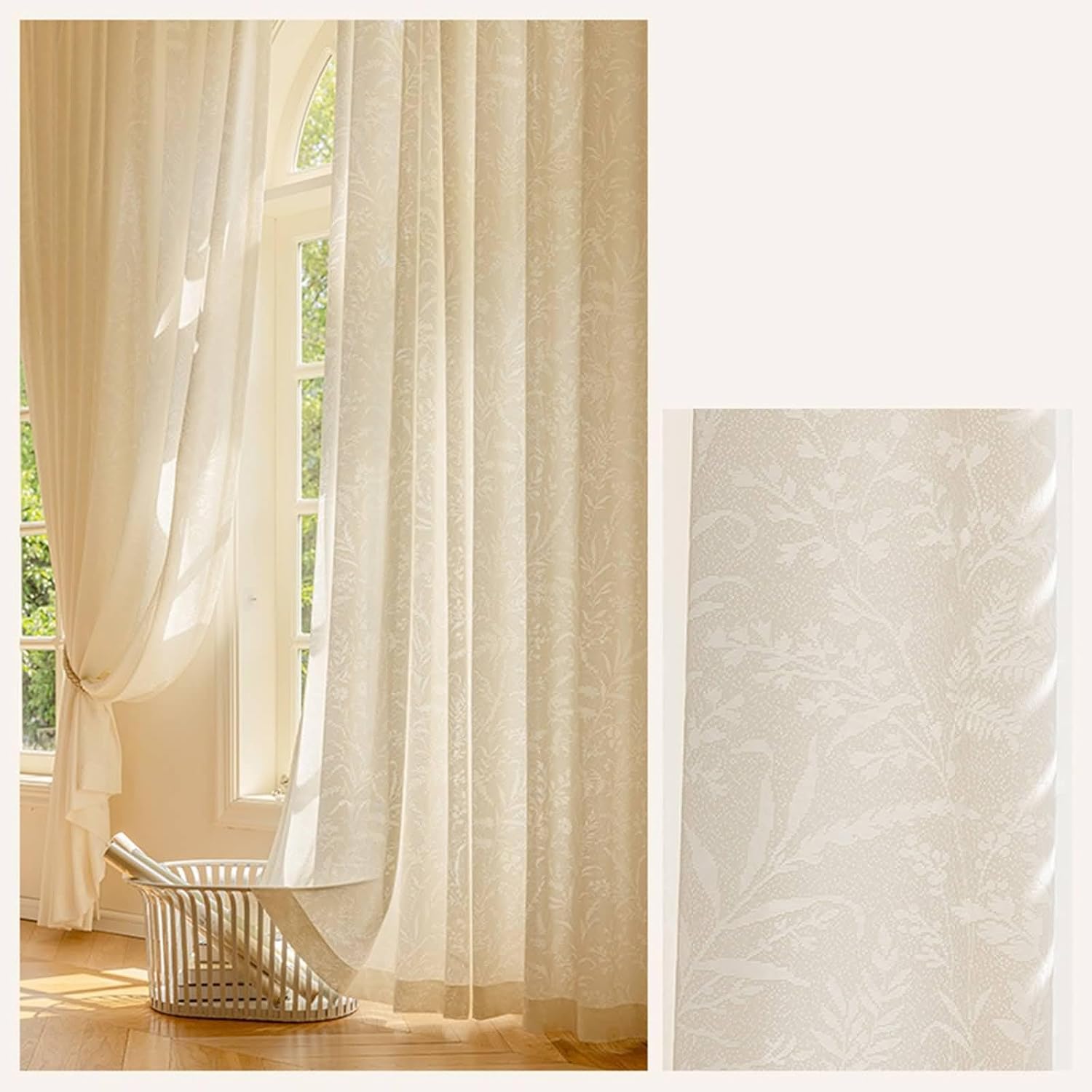 Curtains Voile 2 Panels Set 72 inch Long, Polyester Sheer Curtains Hook Solid Color Jacquard Embossed Flowers Leaves Bedroom Living Room Window Treatments Cream Beige, 52 x 72 Inch