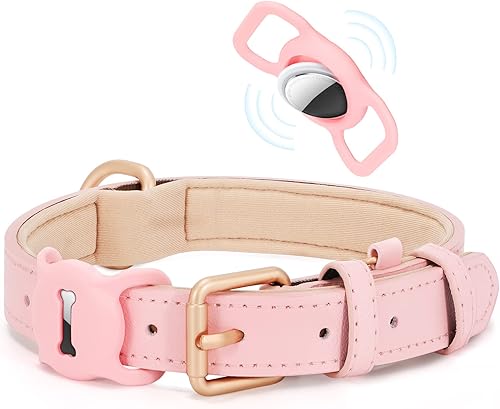 WHIPPY Airtag - Collar de piel para perro, rastreador GPS, collar de cachorro ajustable de cuero suave acolchado con funda para Airtag para mochila