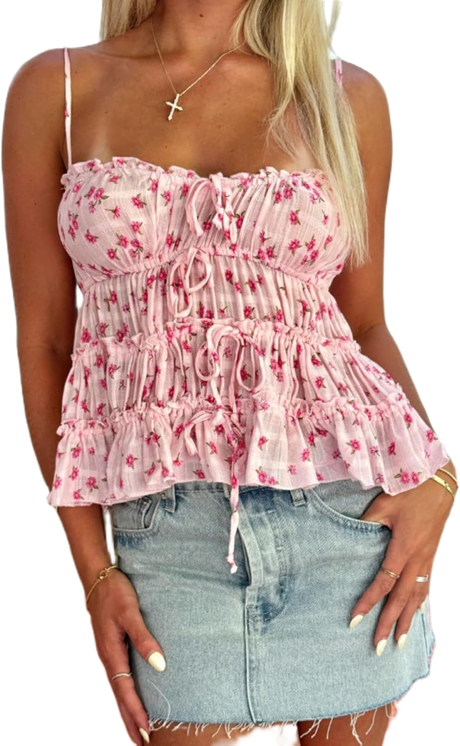 Women Y2k Floral Babydoll Tank Top Spaghetti Strap Ruffle Cami Top Summer Boho Flowy Peplum Crop Top Streetwear