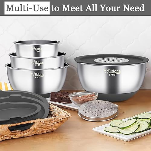 Miniatura 5 de Wildone - cuencos para mezclar con tapas herméticas, 22 cuencos de metal de acero inoxidable, 3 accesorios de rallador, marcas de medición y parte