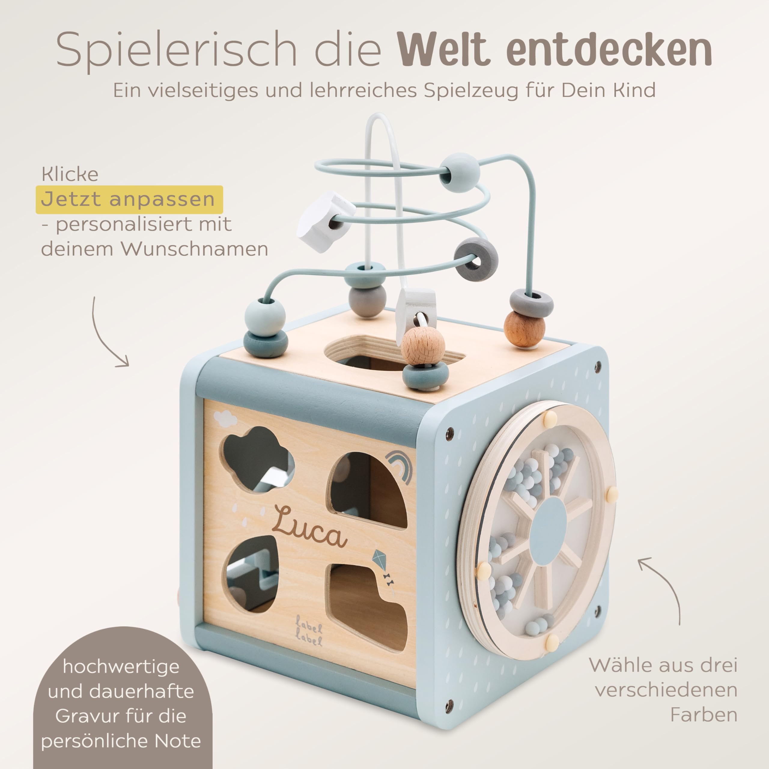 wunderwunsch - Personalisierter Motorikwürfel Holz - Montessori Würfel - Baby Motorikspielzeug ab 1 Jahr - Kinderspielzeug 18 Monate