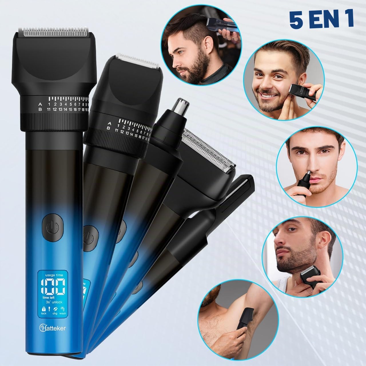 Hatteker Tondeuse Cheveux Professionnel Tondeuse Barbe Homme Rasoir électrique Sans fil Tondeuse à nez et à Corps de Précision Imperméable 5 en 1