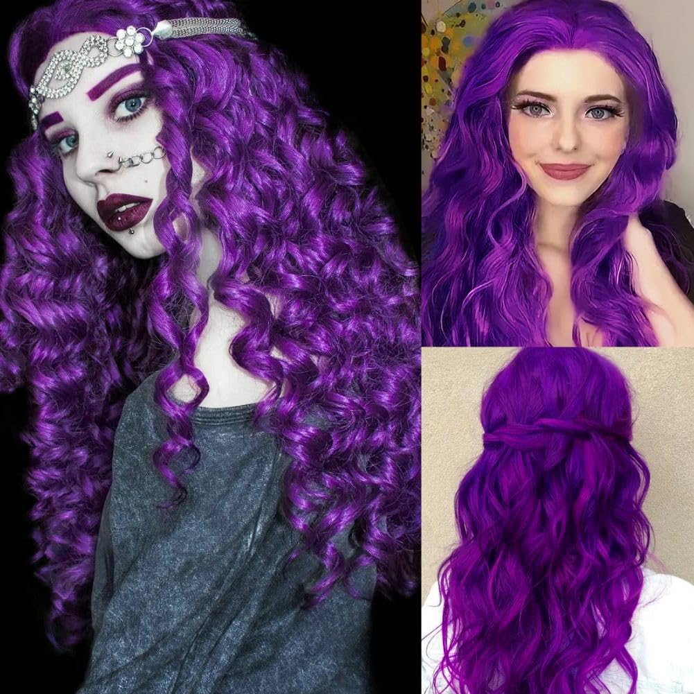 Purple Curly Long Wigs for Women Dark Purple Wavy Middle Part Hair Wig Heat Resistant Synthetic Fibre Wig for Cosplay Halloween Party Use - Image 2