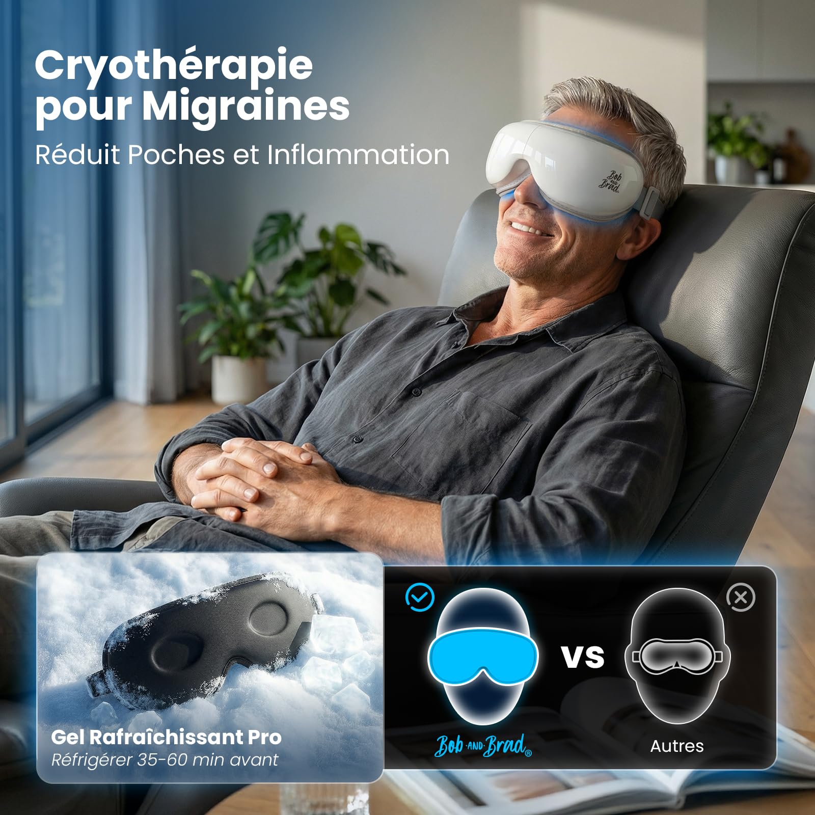 Bob and Brad Masque Massage Yeux, EyeOasis 3 Masseur Oculaire Chauffant avec Musique, Masque Gel Rafraîchissant, Migraine et Yeux Fatigués, Cadeau Fête des Pères Anniversaire Homme Femme