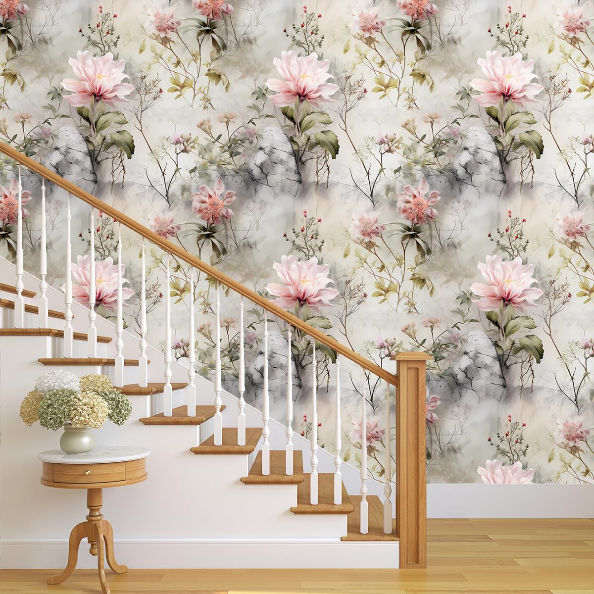 Pink Floral Wallpaper in Mist 17.71"x118.1" Peel and Stick Wallpaper Waterproof Vinyl Matte Wall Contact Paper Removable Self-Adhesive for Bathroom, Flower Room, Art Studio