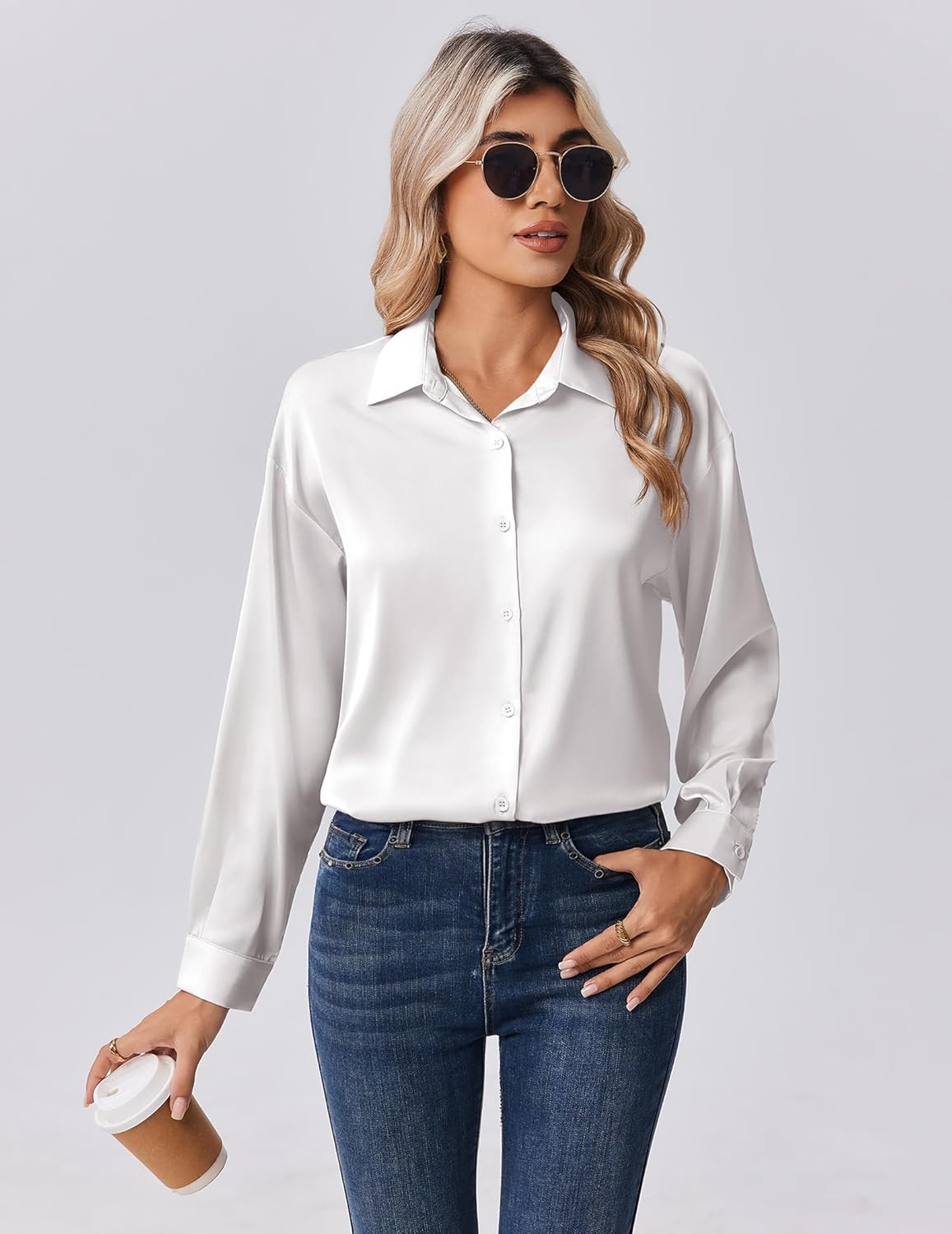 Zeagoo Womens Tops Long Sleeve Satin Silk Button Down Shirts Casual Business Dressy Blouses Fall Clothes - Image 2