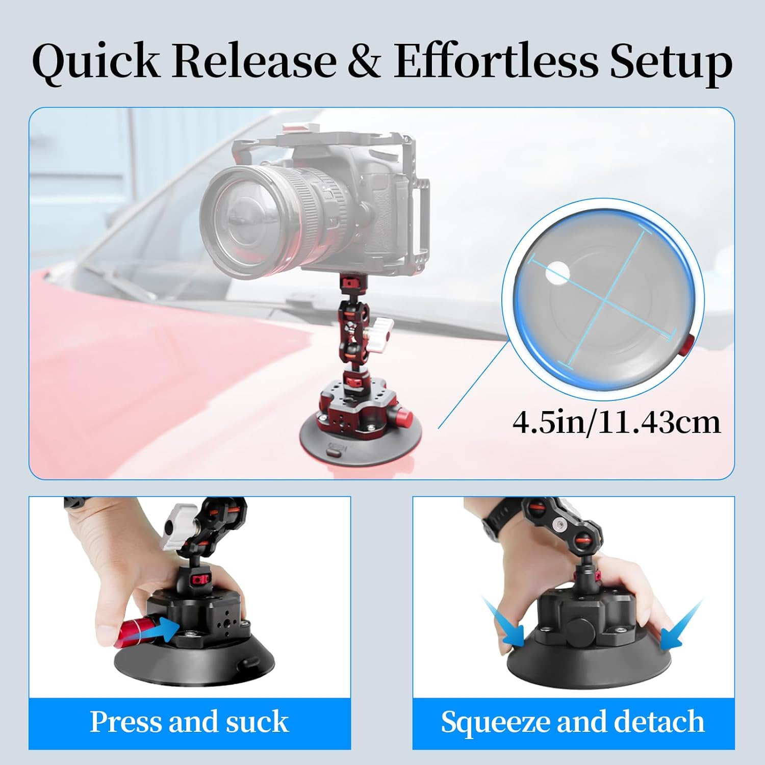 CNC Machined 4.5in Suction Cup Camera Mount with Ball Head Magic Arm, 1/4" ARRI Holes, Quick Release Car Mount with Phone Holder&Action Camera Adapter Compatible with DJI OSMO Pocket3 Insta360 iPhone - Image 2