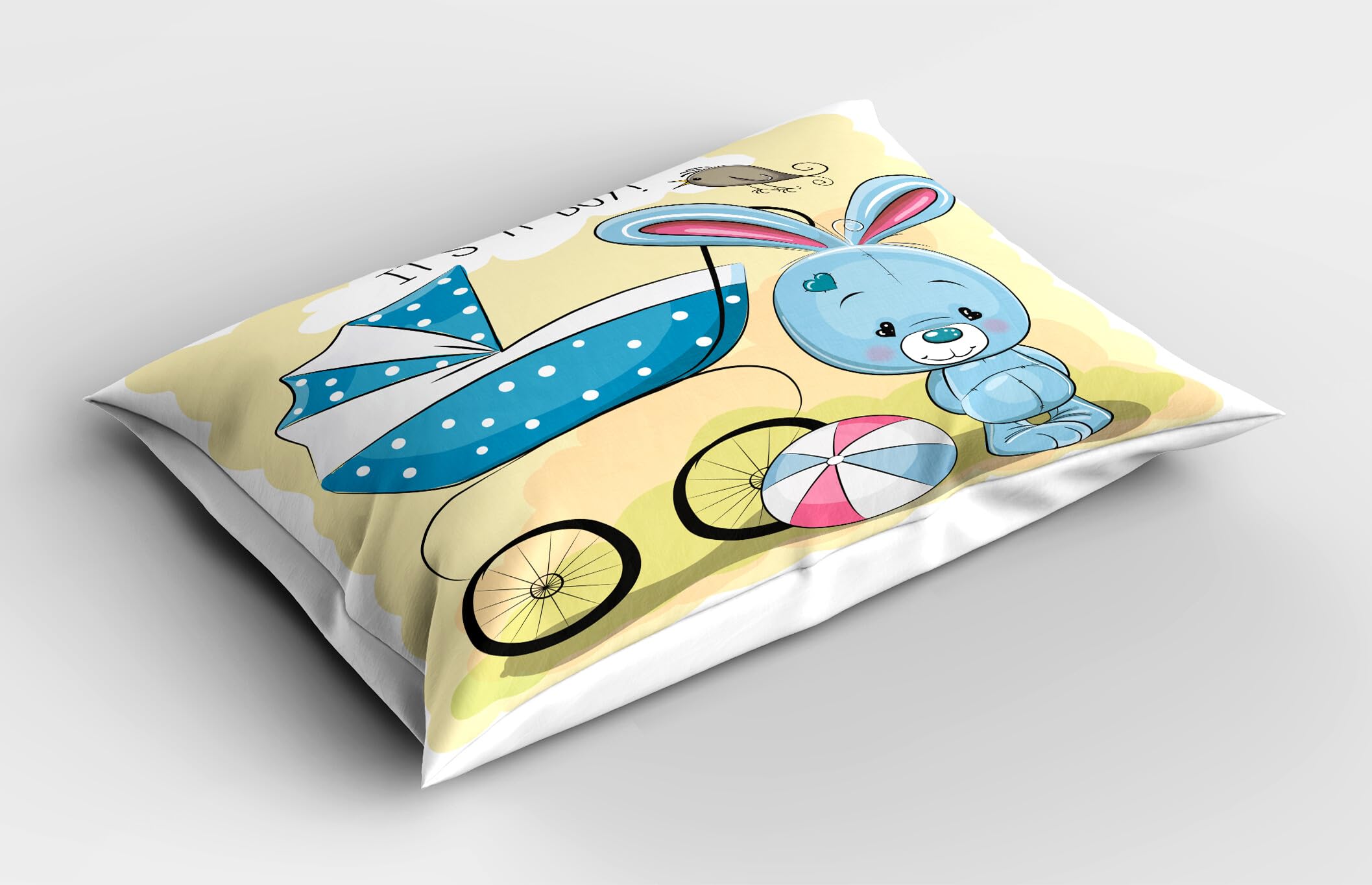 Ambesonne Cartoon Pillow Sham Set of 2, Delicate Illustration of a Bunny with Ball Featuring Dancing Bird Print, Quality Microfiber Bedding Item for All Seasons, 30