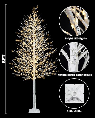 Miniatura 2 de TORONTOKYO Árbol de abedul iluminado de 8 pies, 1440 luces LED blancas cálidas, 8 modos de iluminación, árbol de Navidad artificial blanco con