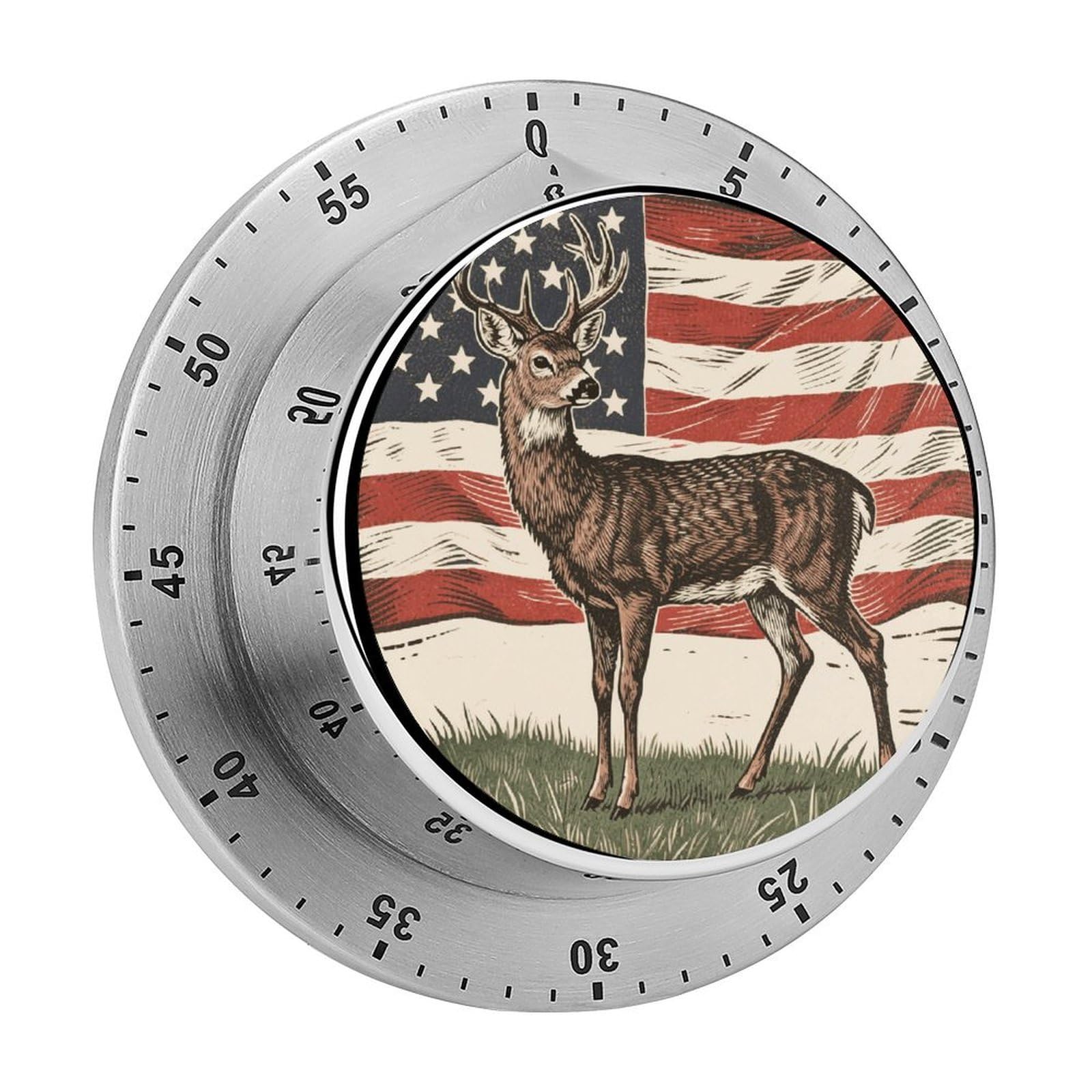 Deer American Flag Timer Exquisite Stainless Steel Body Mechanical Desk Timers 60 Minutes Visual Countdown Timers with Magnetic Backing Loud Alarm Kitchen Timer for Cooking