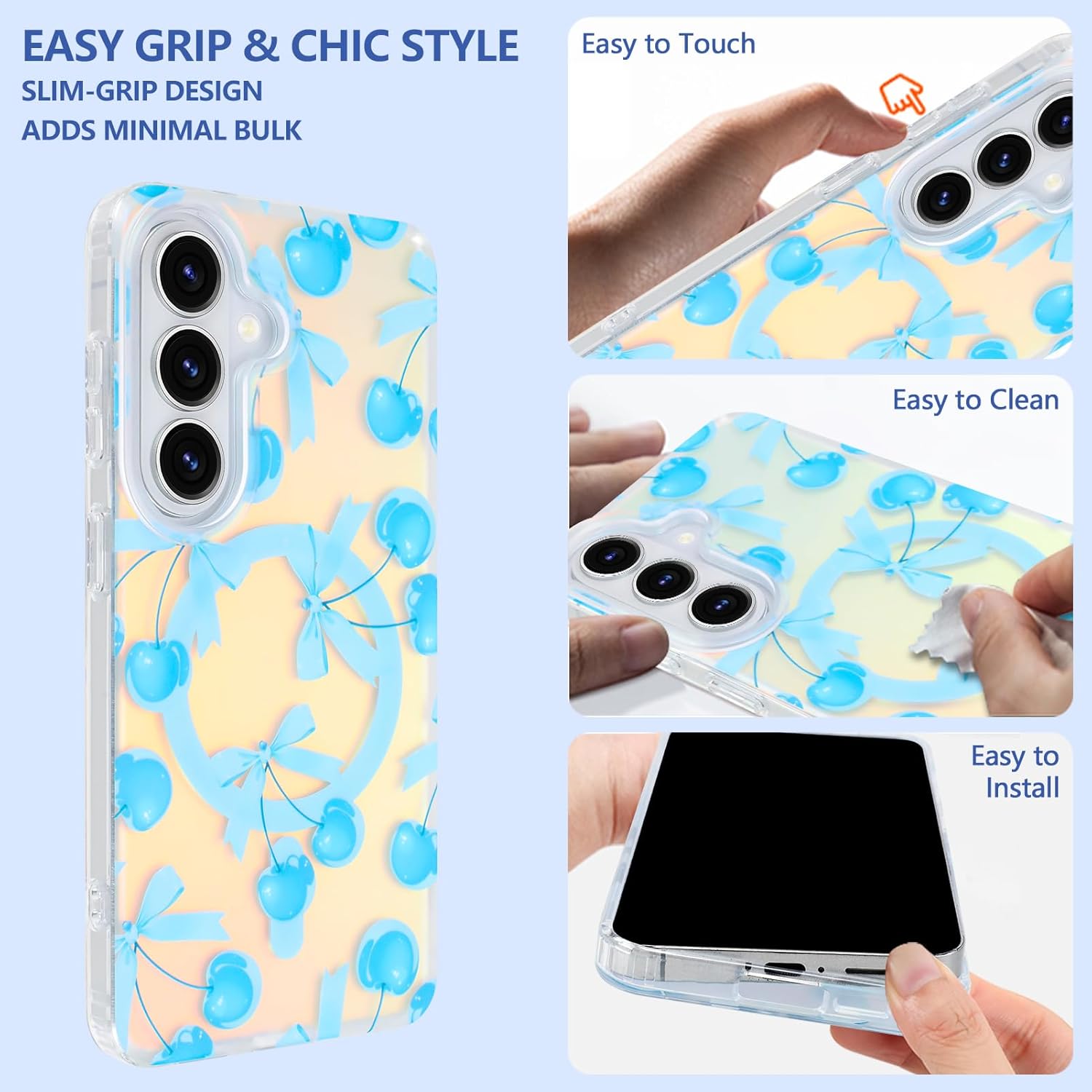 Magnetic Case for Samsung Galaxy S26 Plus 6.7 Inch [Wireless Charging Compatible] Hard PC and Soft TPU Iridescent Case with Blue Cherry and Bows Anti-Scratch Shockproof Phone Cover for Women