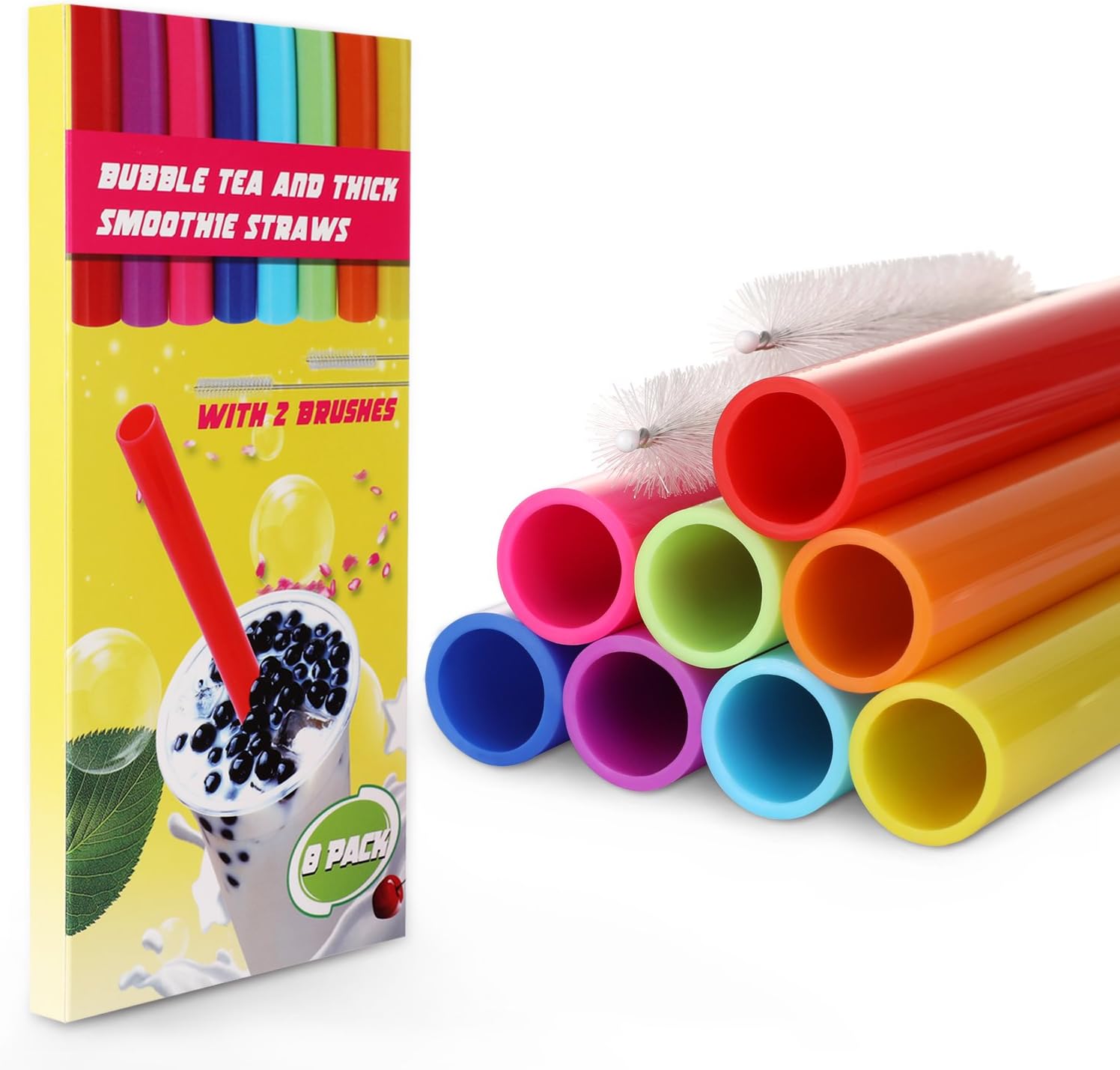 Hiware Extra Wide Smoothie Drinking Straws - 12mm Reusable Jumbo Bubble Tea Straws with Cleaning Brushes - 10 Pieces - Bpa-free Boba Straws