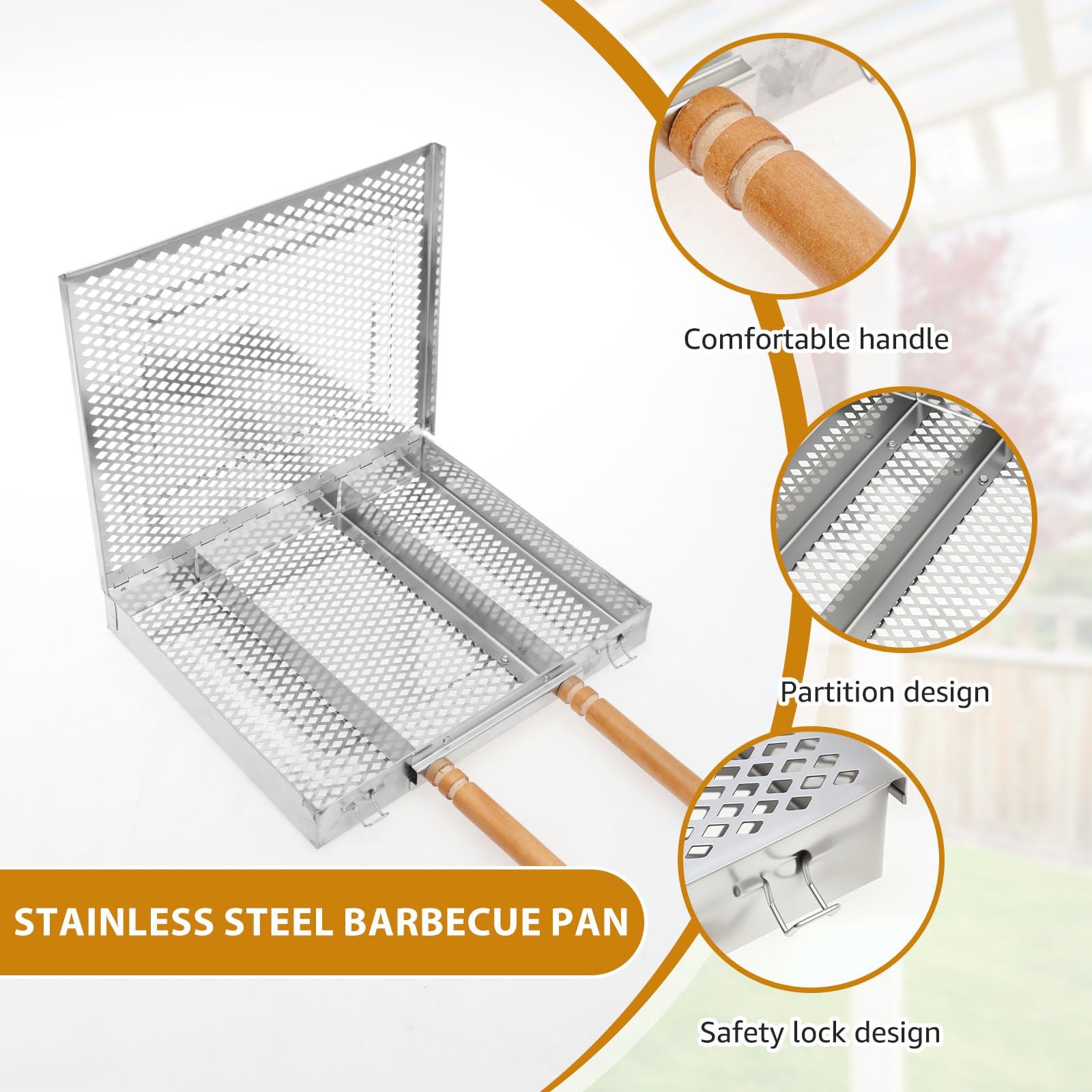 Griglia in acciaio inox per barbecue, grigliare pesce, verdure, gamberetti, griglia portatile da esterno con manico in legno, accessori per barbecue perfetti per regali