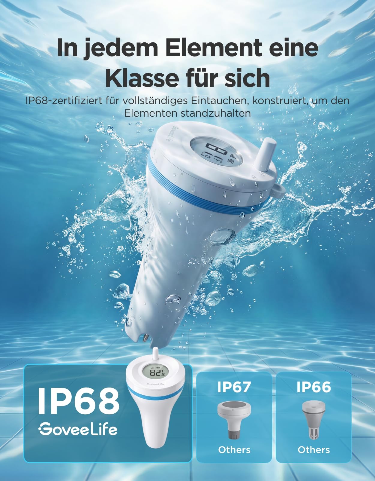 GoveeLife WLAN Pool thermometer P2 mit Gateway, Schwimmend Wasserthermometer Digital Funk, wasserdicht nach IP68, Reichweite von 330M, Benachrichtigungsalarm für Badewanne, Whirlpool, Aquarium und SPA