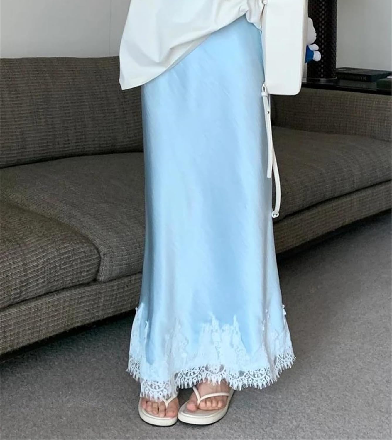 Women's Elegant Satin A Line Midi Skirt High Waist Slim Fit Lace Detail Long Skirt Korean Luxury Fashion Outfit