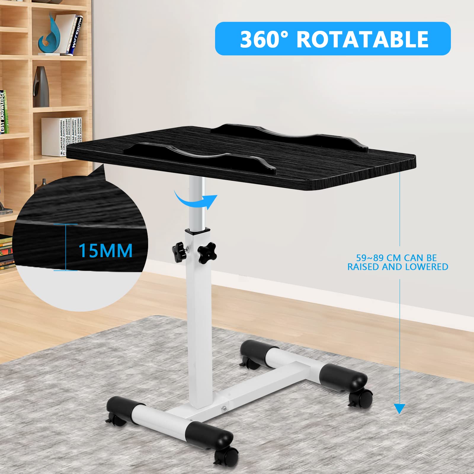 Table de Lit Roulette, 60 x 40 cm, Tablette Médicale Réglable Table d'Appoint de Lit à roulettes, Hauteur Réglable 61-95CM, Bureau Pliable, 360° Bureau D'ordinateur Levage Rotatif